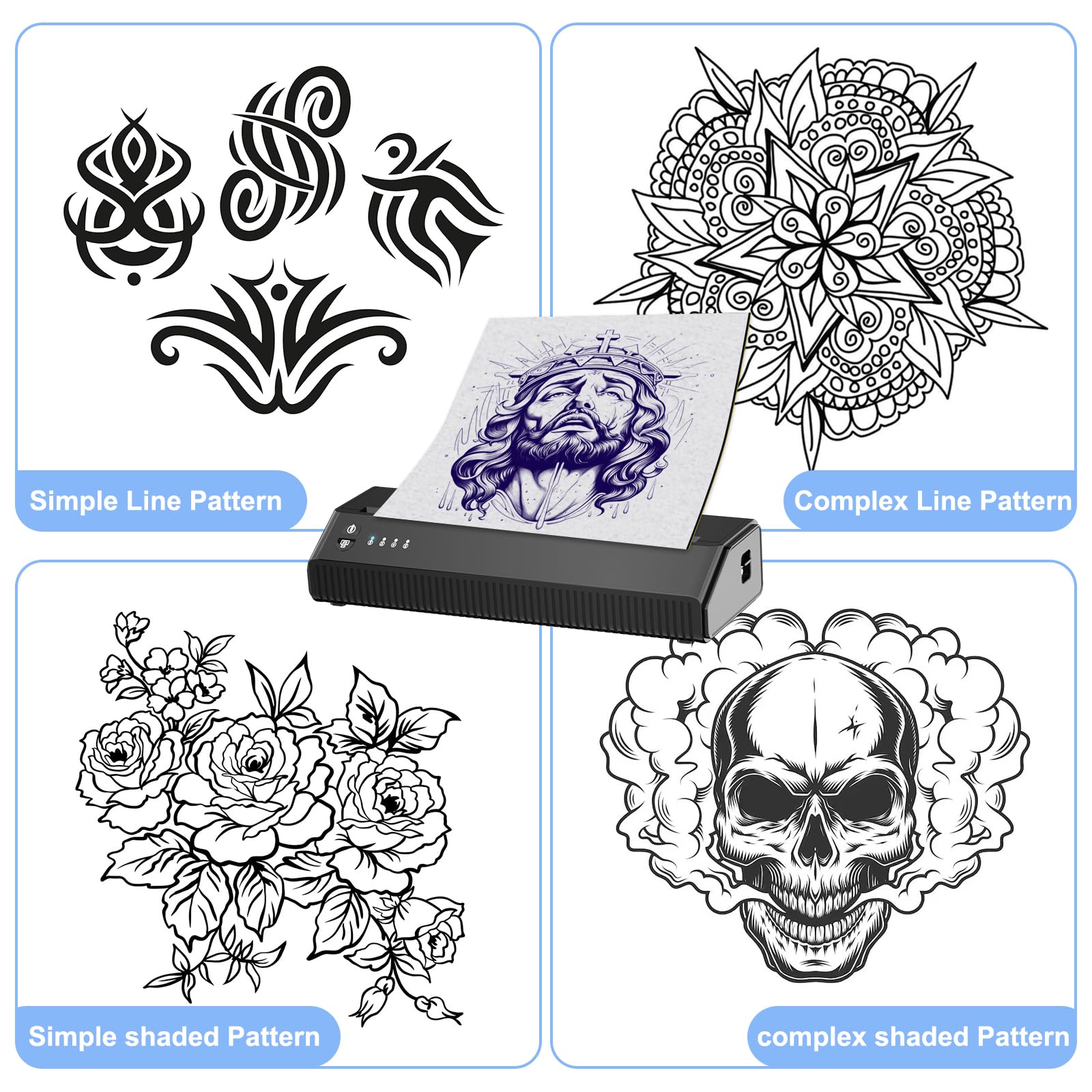 BLACKBUDDA Stencil Drucker, Blackbudda Tattoo Drucker Thermodrucker Maschine Tattoo Printer, für IOS Android PC mit 10 Blätter Transferpapier für DIY