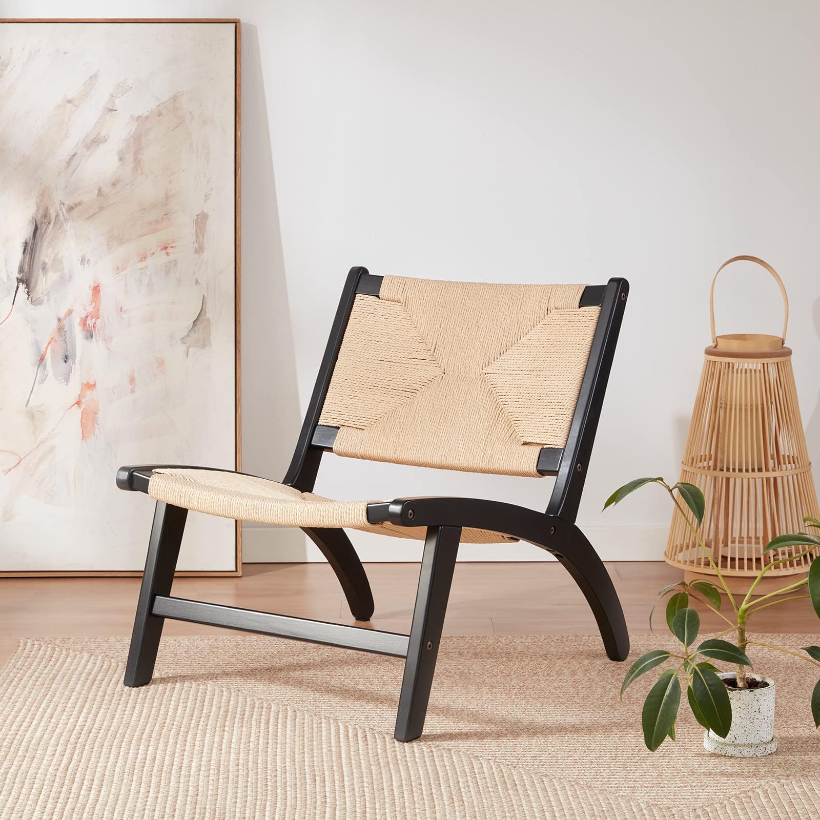 Soohow Modern Boho Accent Chairs for Living Room,Mid Century Lounge Chair,Side Chair Indoor Scandinavian Cognac Natural Wood Beech Braided Jute Woven Weave Paper Rope Seat Accent Chair