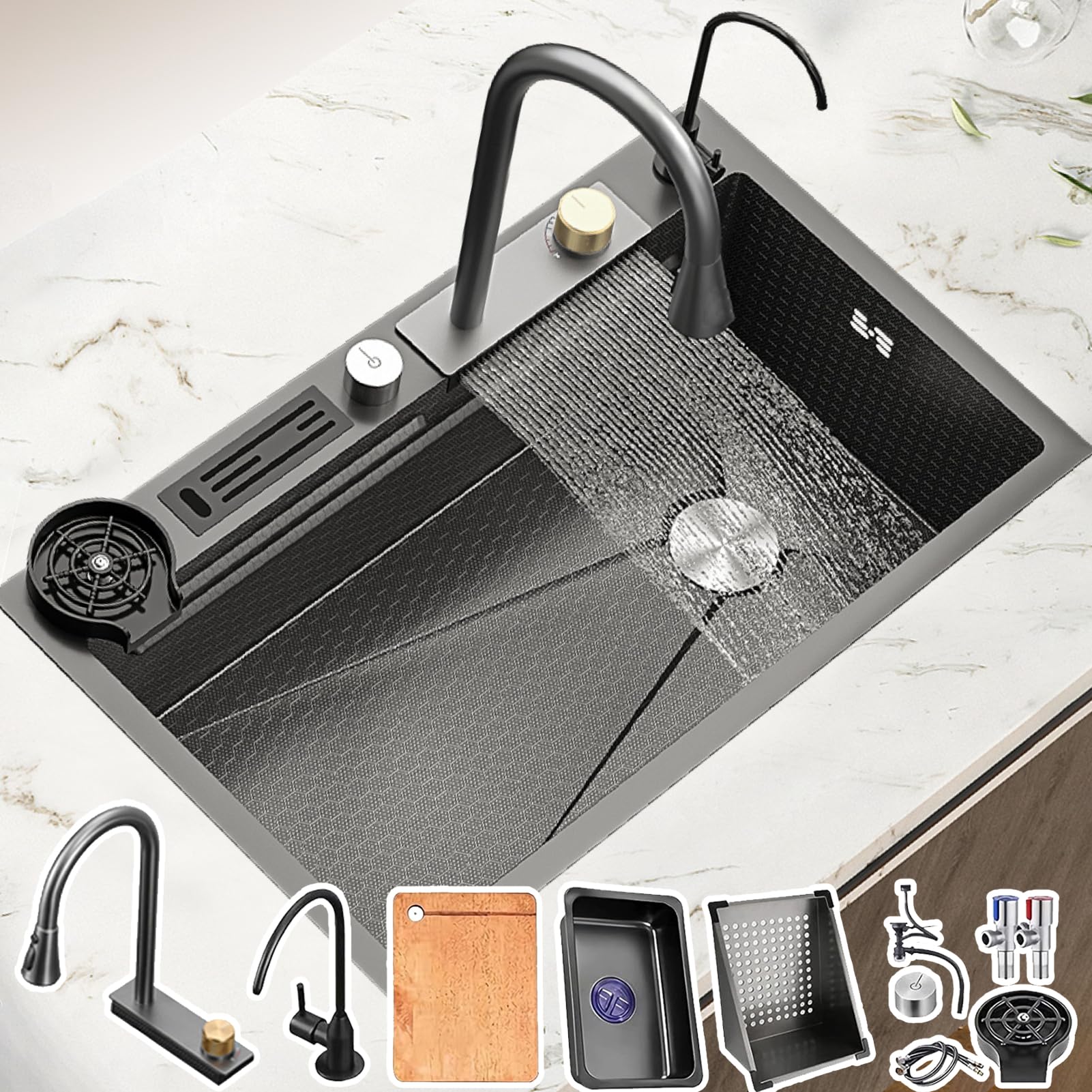 ZQFHSX Kitchen Sink, 304 Stainless Steel Nano Raindance Waterfall Home Sink Vegetable Basin Single Drop-In Or Undermount Installation (Size : 68x45cm)