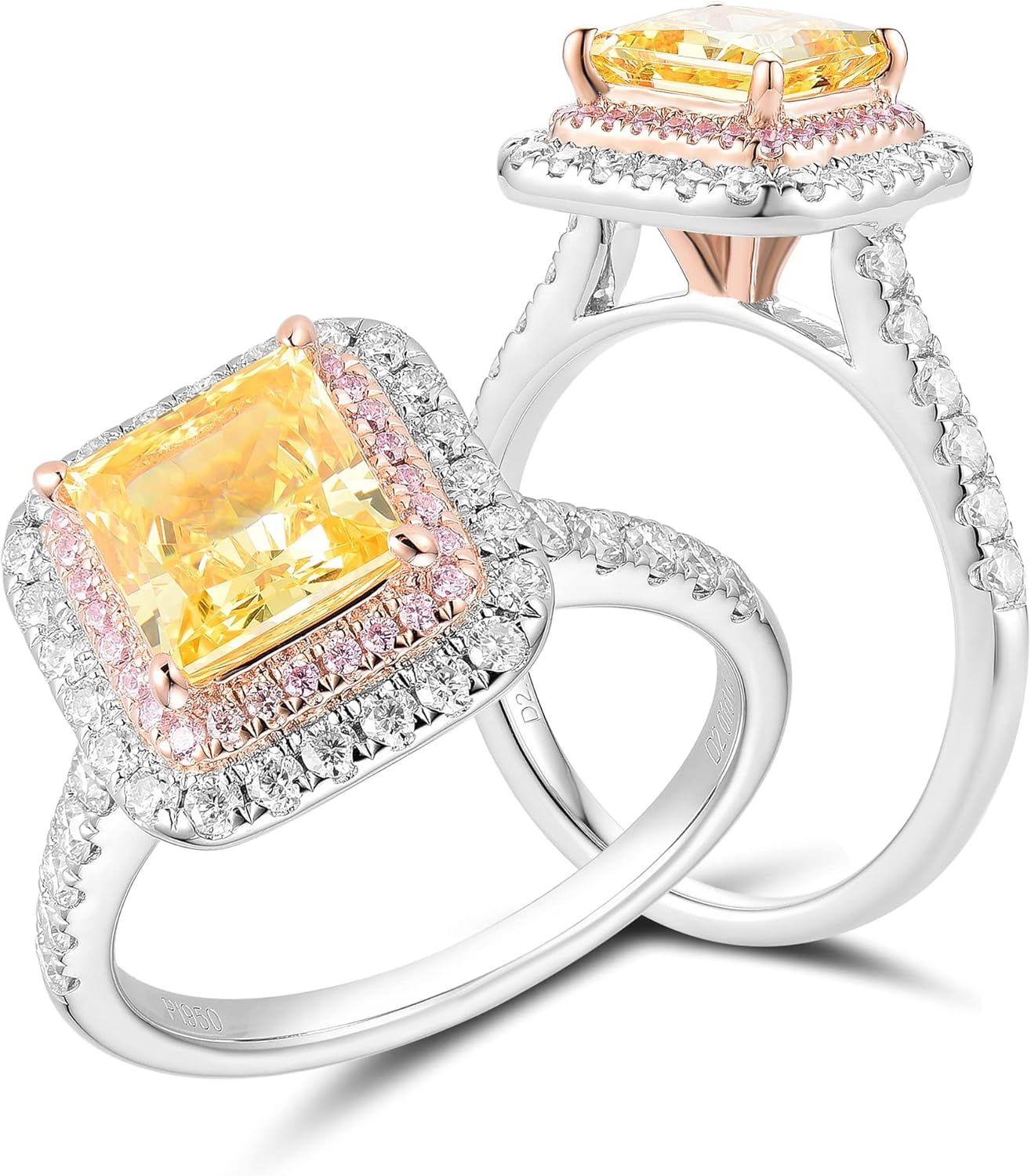 DovEggs 14k Gold QUALITY Silver Simulated Diamond Engagement Ring for Women 2ct Yellow Special Quality Crushed Ice Cushion Cut CZ Double Halo with Moissanite Accents Engagement Rings