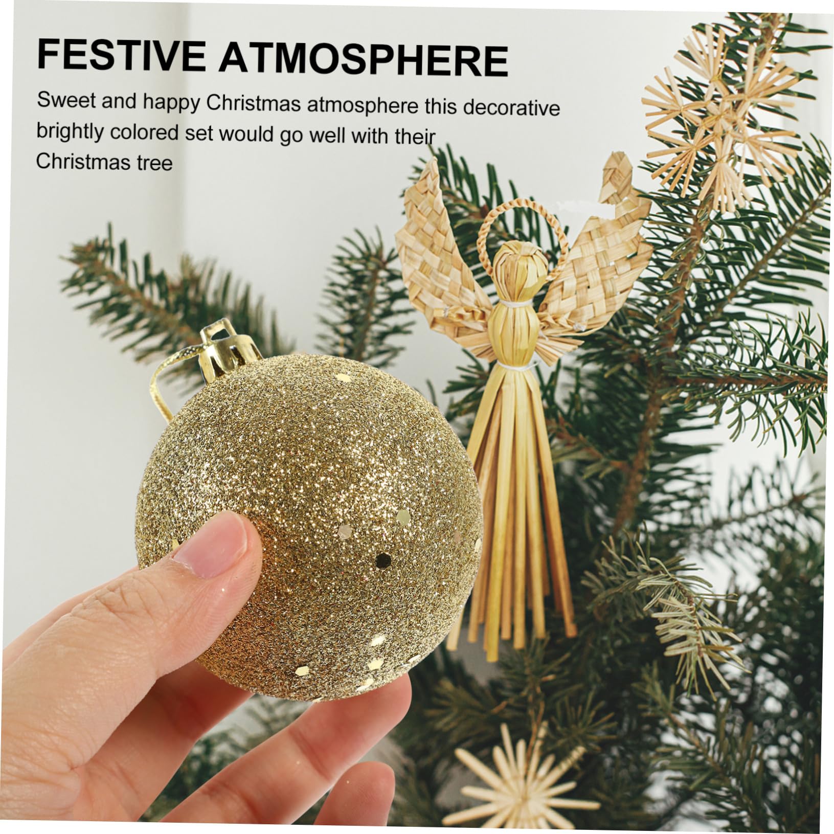 Ipetboom Caja 100 Bolas Navideñas Colgantes de Plástico Dorado para Adorno del Árbol de Navidad, Accesorios Creativos para Fiestas y Escenas Festivas