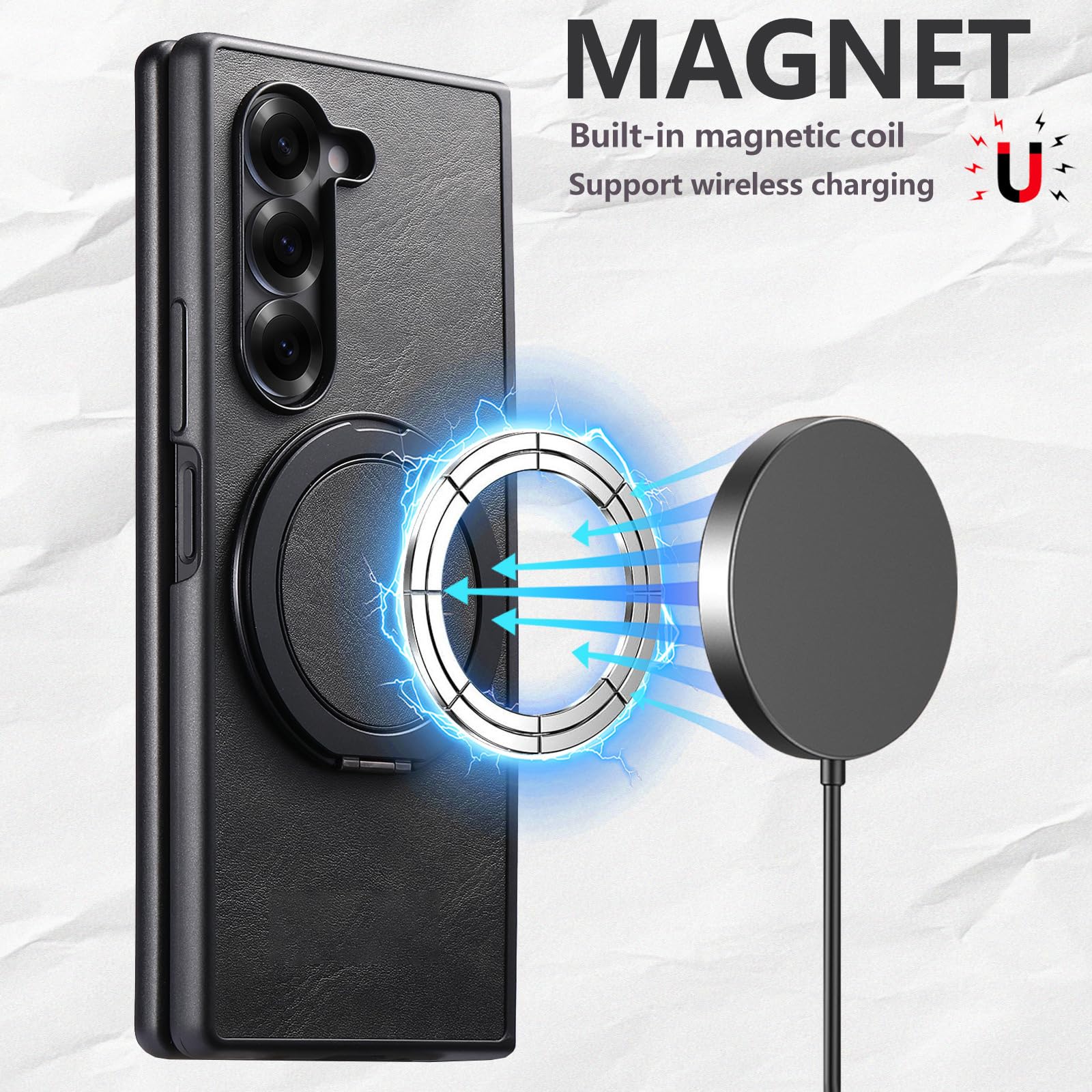 Magnetica Caso Per Samsung Galaxy Z Fold 8 Ultra, Rotazione a 360° Anello | Minimalista Cover In Pelle Protezione Staffa Invisibile Anti-Caduta Anti Ingiallimento Guscio,Nero,Fold 8 Ultra