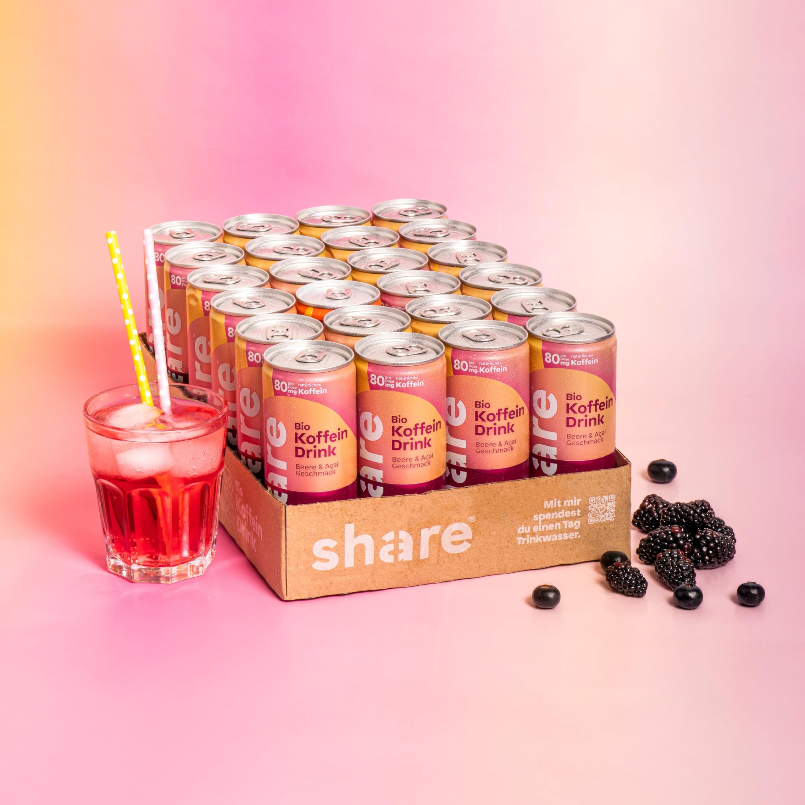 share Bio Koffein Drink Beere & Acai (24 x 250 ml) | Vegan, Koffeinhaltiges Erfrischungsgetränk, 80 mg natürliches Koffein aus Bio-Kaffeebohnen pro Dose, Jeder Kauf spendet