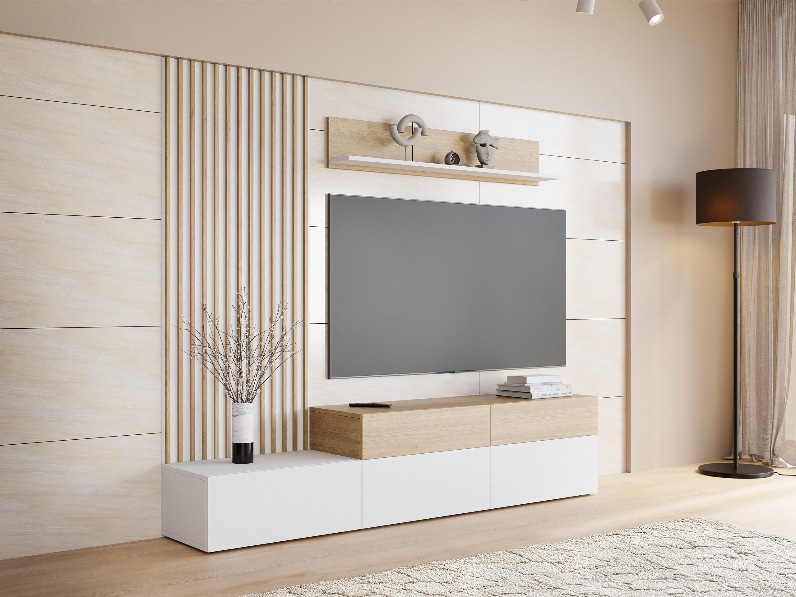 Mirjan24 Wohnwand Narezi, Elegantes Wohnzimmer-Set mit dekorativen Lamellen, Anbauwand mit Wandpaneele, TV-Lowboard, und Wandregal, Fernsehschrank (Weiß/Eiche Cremona, Breite: 225 cm)