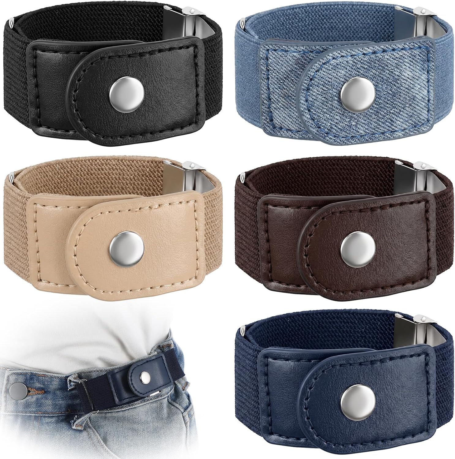 10Pairs No Buckle Belts for Men Women Side Belt without Buckle Elastic Stretch Belt Adjustable Invisible No Buckles Belts for Most Pants Jeans