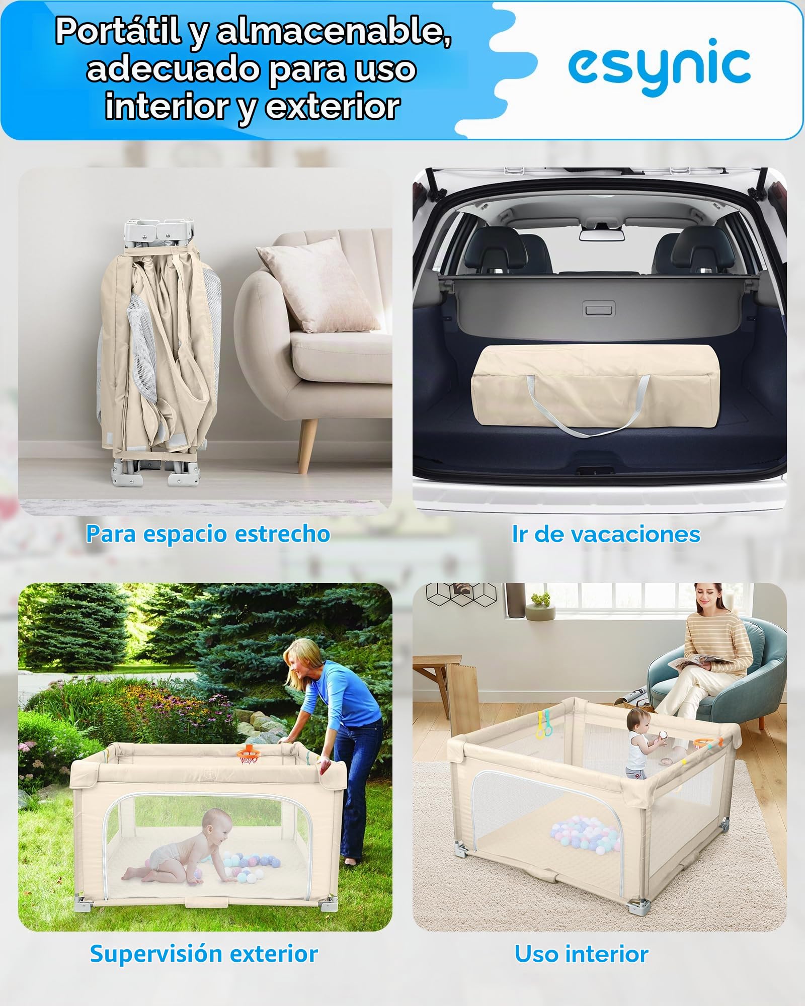 eSynic Parque Bebé Plegable 127x127cm Corralito Bebé Grande Playpen Bebé Interior Exterior Centro Actividades con Colchoneta Acolchada 50 Bolas Piscina Estructura Metal Asas y Canasta Portátil Beige