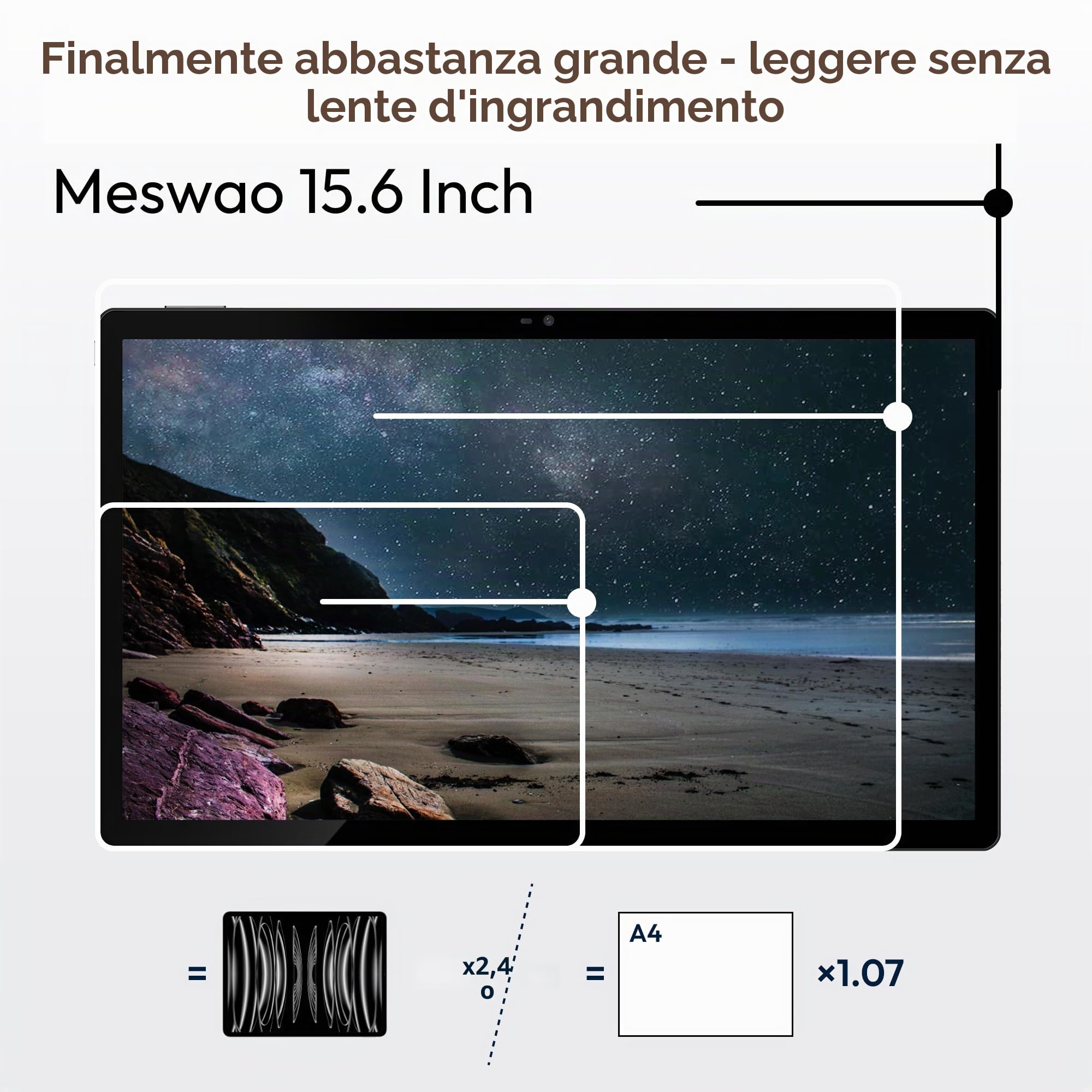 15,6 Pollici Tablet Android 14, MES-B3 Tablet con IPS-Display, Helio G99 Octa-Core, 6GB RAM+128GB ROM(1TB TF), 12000mah, BT5.0, 2.4G/5G WiFi, 32MP Kamera