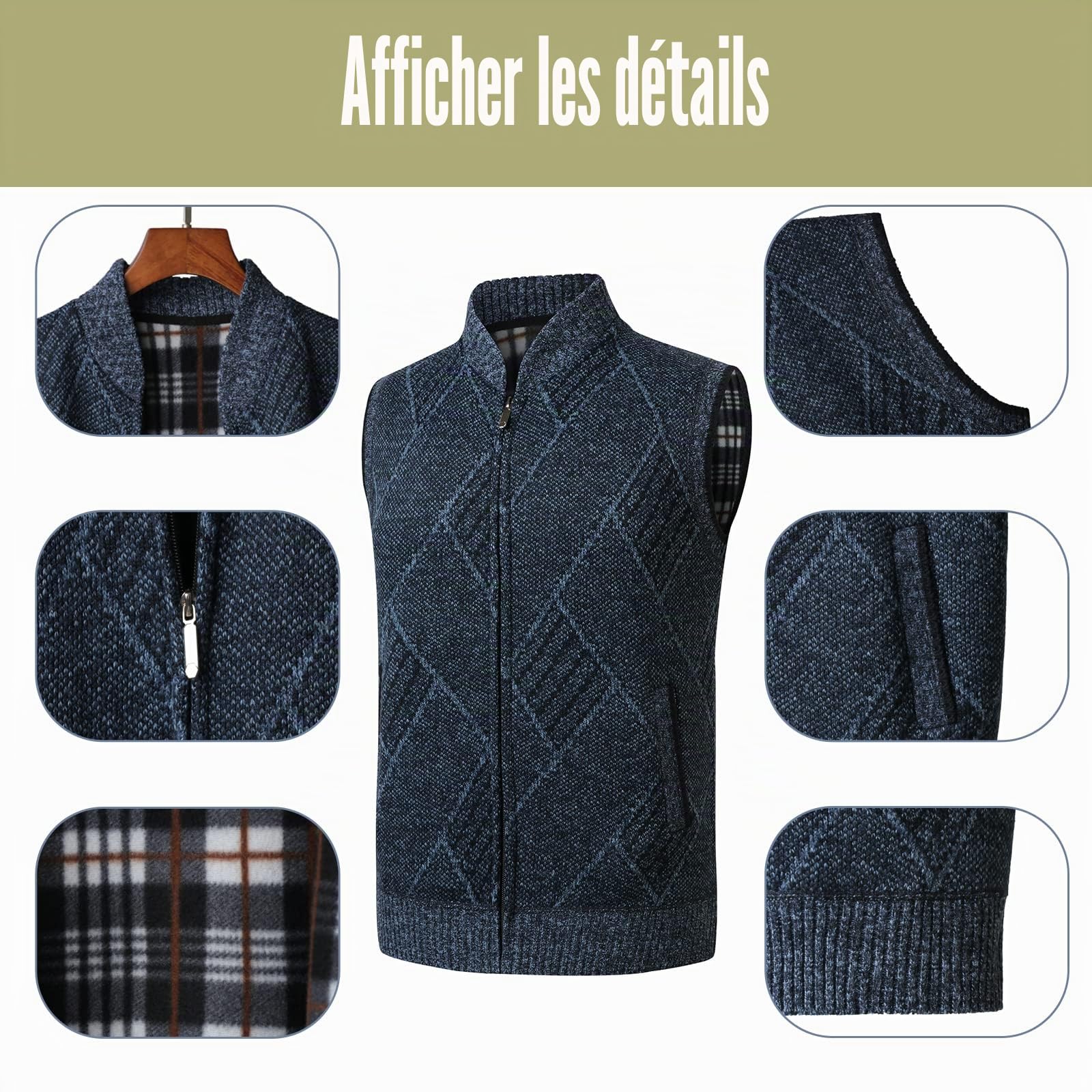 Hommes Cardigan Veste en Maille Pulls sans Manche Grosse Maille avec Col Droit Automne Hiver Chaud avec Poche Gilet Doublure Polaire Débardeurs Tricoté Chandail