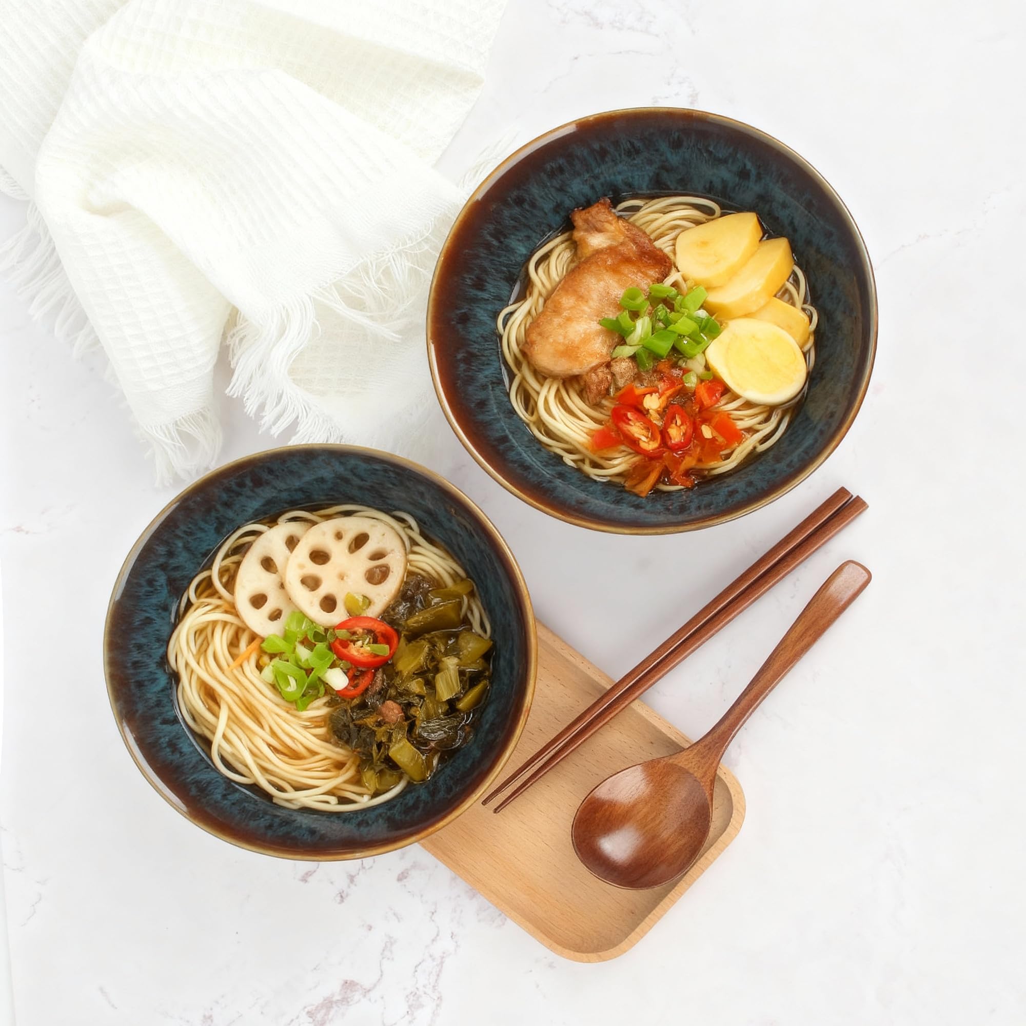 2 x 1200ml Zestaw Misek Ramen z Ceramiki z Pałeczkami i Łyżkami, 20cm Miska Bowl Do Zupy dla Ramen Bowl, Zestaw Ramen, Miska Ramen Duża, Bowl Miska, Zestaw Misek Kuchennych