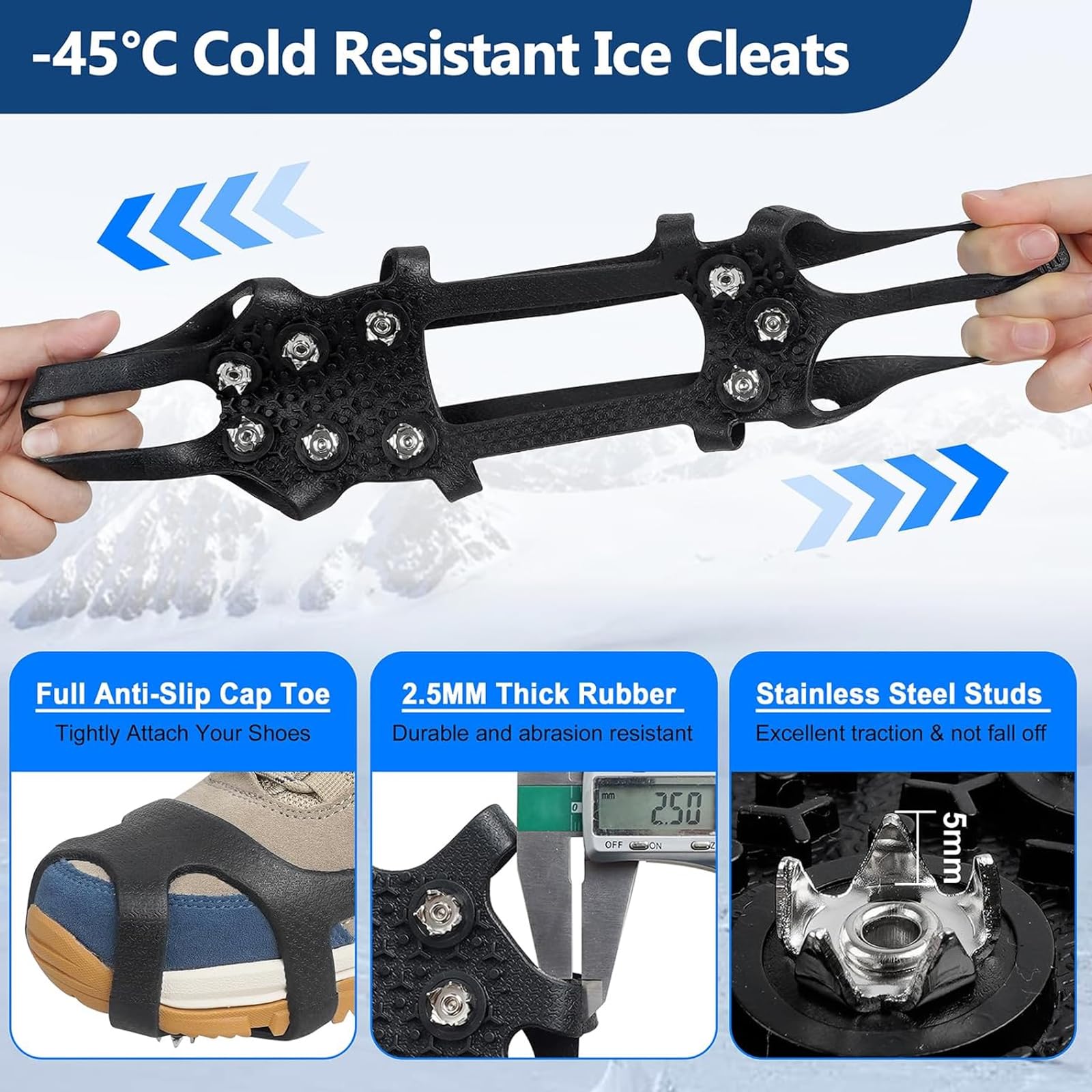 Tacchetti da ghiaccio per scarpe e stivali da neve Tacchetti da trazione ramponi per camminare su neve e ghiaccio 9 tacchetti antiscivolo in gomma antiscivolo ramponi antiscivolo calzature elastiche