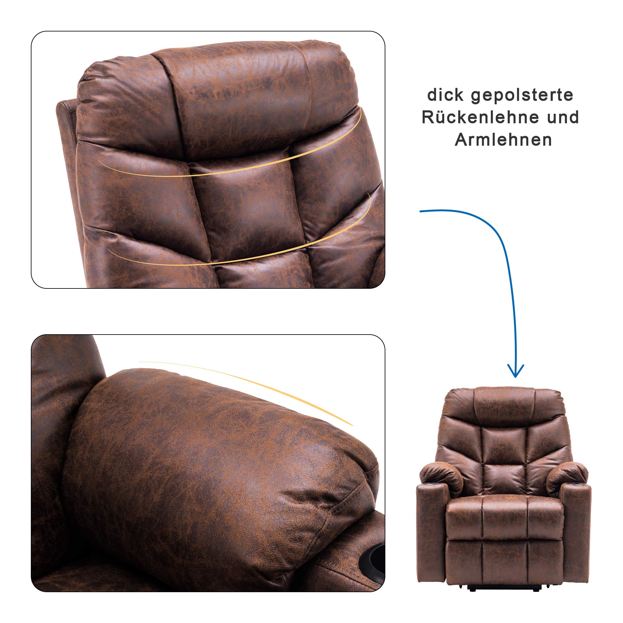 M MCombo Sillón de televisión con Ayuda para levantarse eléctrica, sillón con Ayuda para levantarse, sillón de Relax con función reclinable hasta 140° con USB 7286 (Microfibra, marrón)