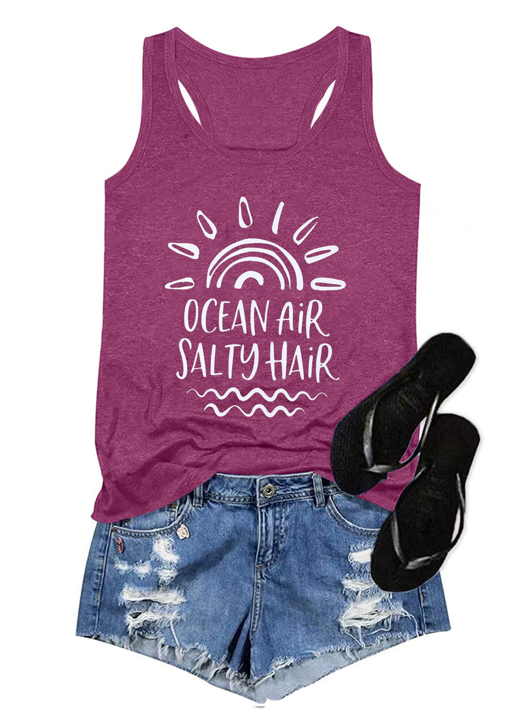 Ocean Air and Salty Hair Tank Top Women Sunrise Tank Tops Funny Beach Tanks Summer Casual Vacation Sleeveless Vest Tops