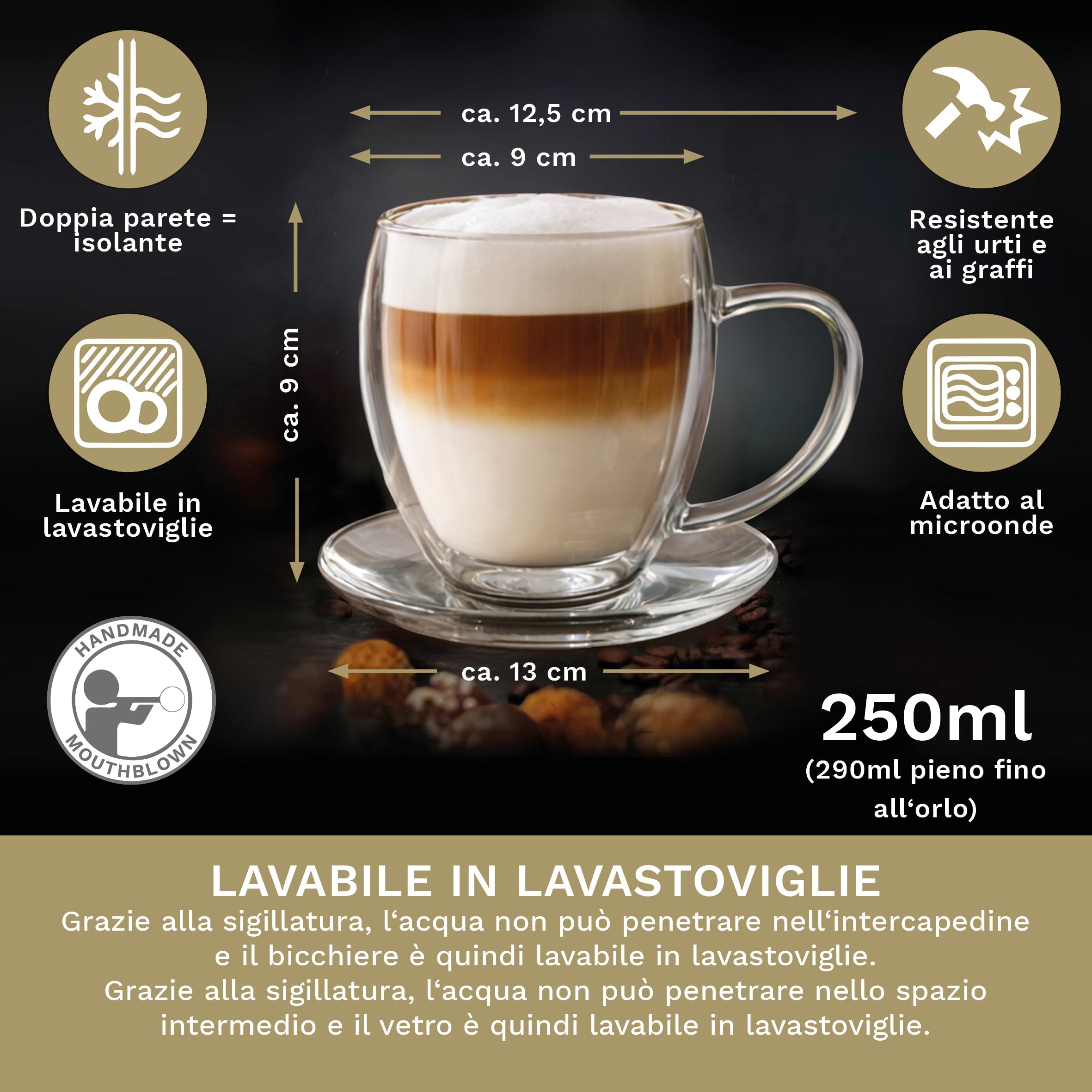 Creano Set di 6 Tazze Termica in Vetro a Doppia Parete, Tazza in Vetro con Manico e Sottobicchiere | 250ml in Esclusiva Confezione Regalo
