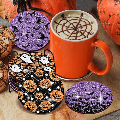 Miniatura 5 de 8 posavasos de Halloween con soporte, kit de arte de diamantes para principiantes, adultos y niños (Halloween-2)