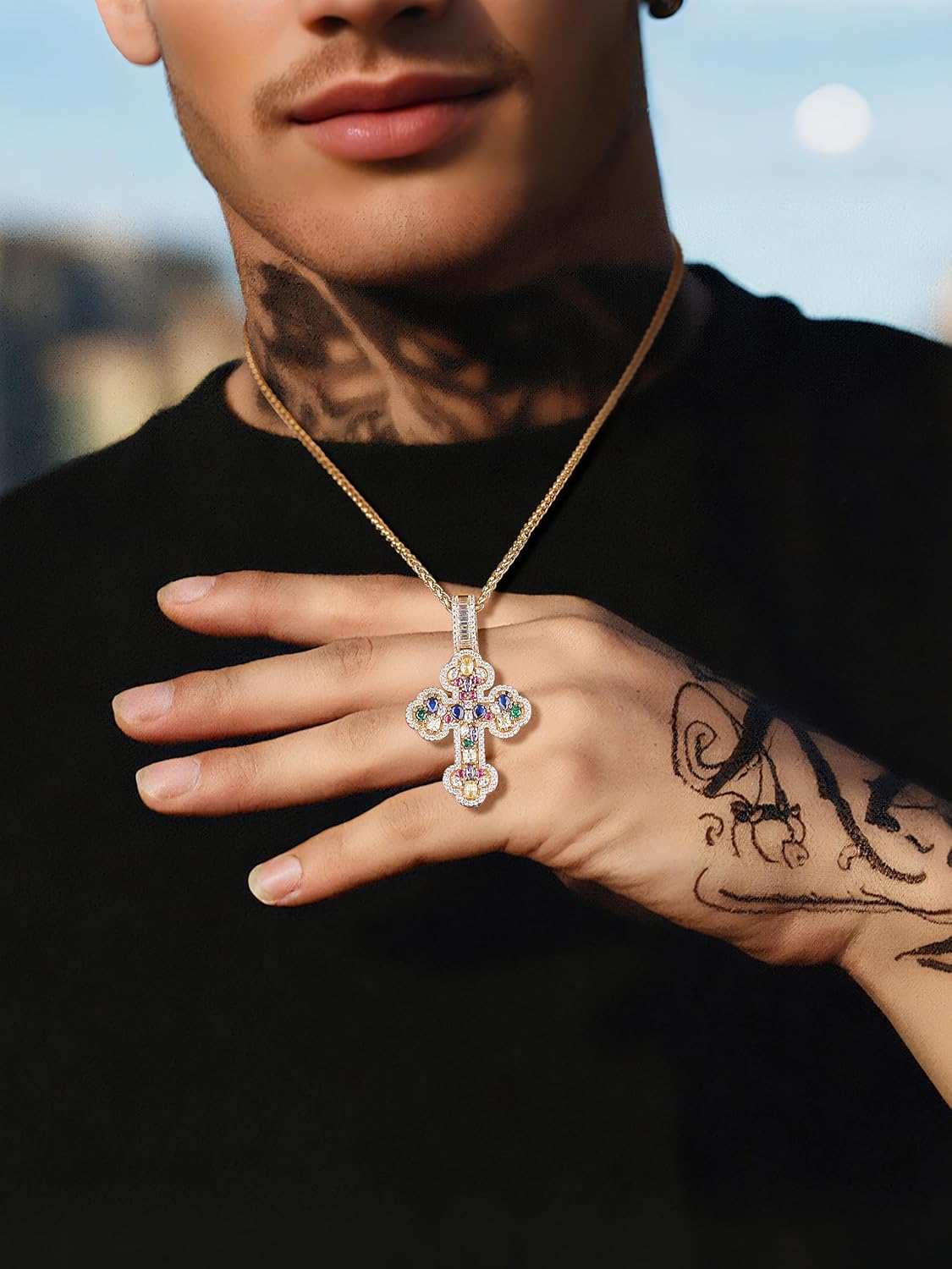 Gothic Cross Pendant Necklace for Men, White Gold Plated Iced Out with Colorful CZ, Religious Hip Hop Faith Pendant - Ideal Christian Gifts for Him Her