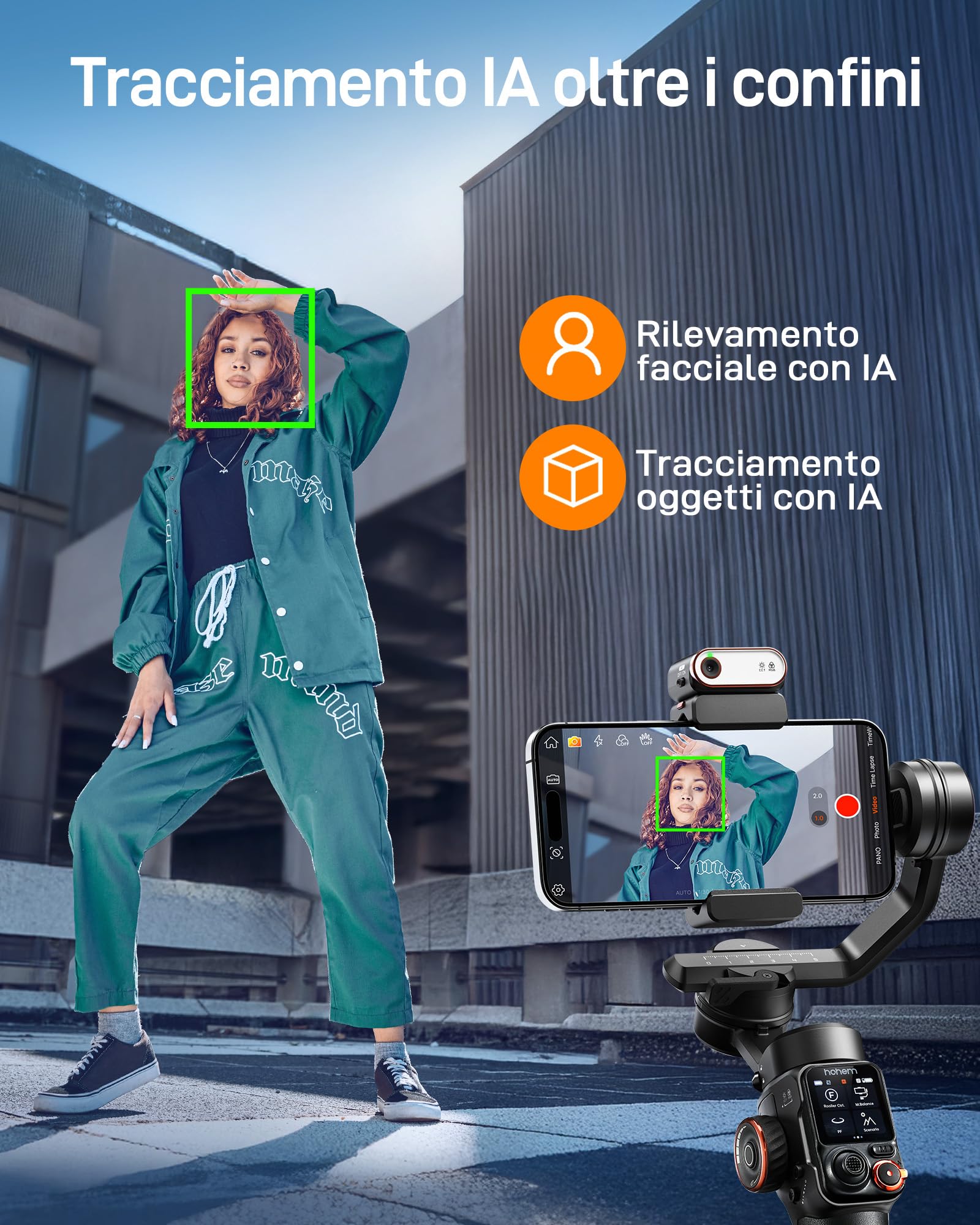 hohem iSteady M7 Gimbal Smartphone, Stabilizzatore Cardanico con tracciamento AI, telecomando touchscreen staccabile da 1,4", asta di estensione integrata, luce di riempimento, per video, YouTube