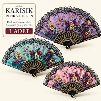Desenli Dantelli Plastik Yelpaze 24 cm, Katlanabilir Hafif El Yelpazesi, Karışık Renk ve Desen, 1 Adet