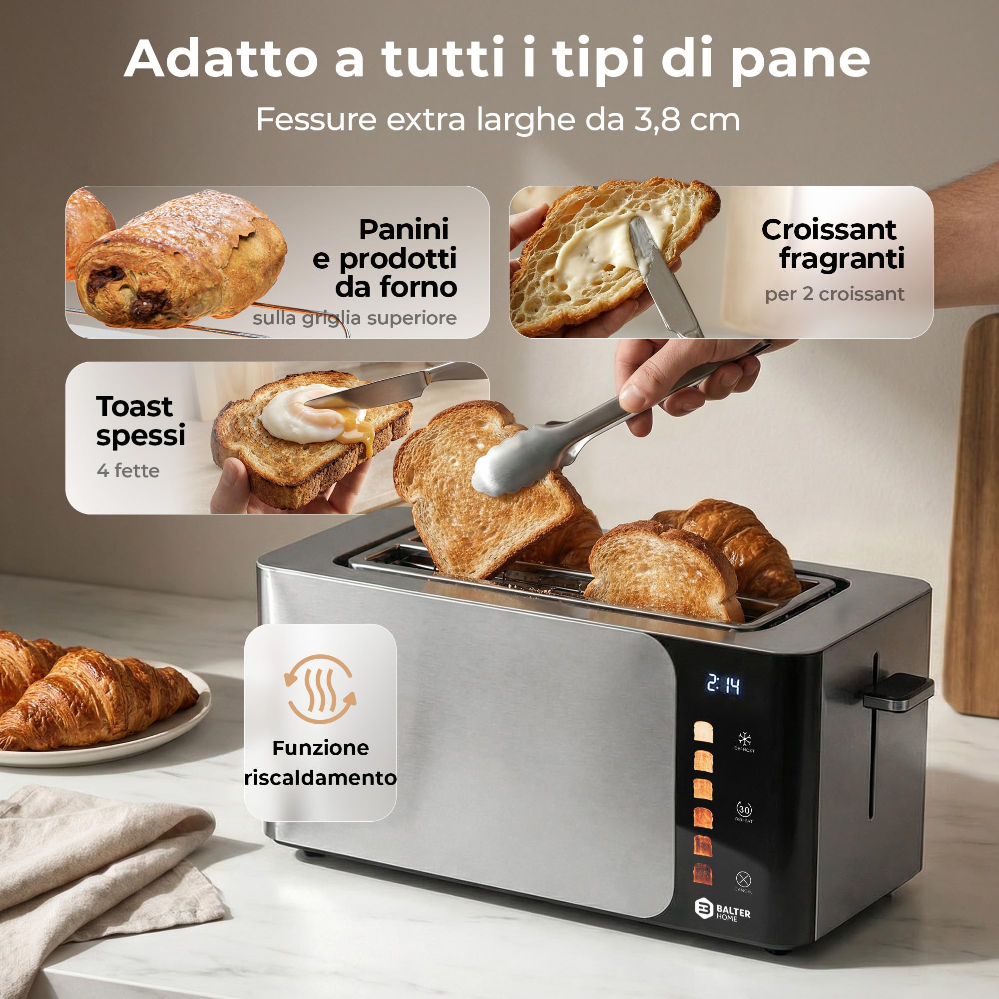 Balter Tostapane 4 fette, tostiera funzione touch, slot lungo, in acciaio inox, 1500W, toaster display LCD, tostapane a fessura lunga, funzione scongelamento, centraggio pane