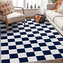 SOANNY Living Room Rug, Soft Low Pile Checkered Carpet, Non-Slip, Washable, Modern Geometric Area Mat for Bedroom Kitchen Nursery Dorm Kids Room Teen Room Bedside, Navy & White, 90x150cm