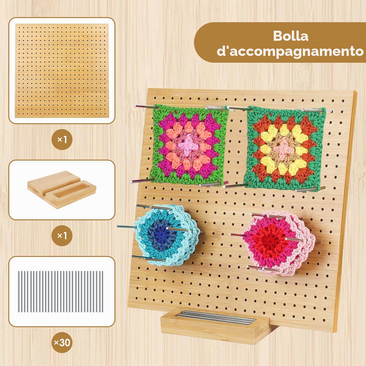 Buachois Tavola per Lavorare a Maglia Kit,Tavola Quadrata Fatta a Mano, Blocco e Aghi, 29 cm x 29 cm, con 30 Perni in Acciaio Inox, Tavola per Lavorare a Maglia e All'uncinetto di Progetti