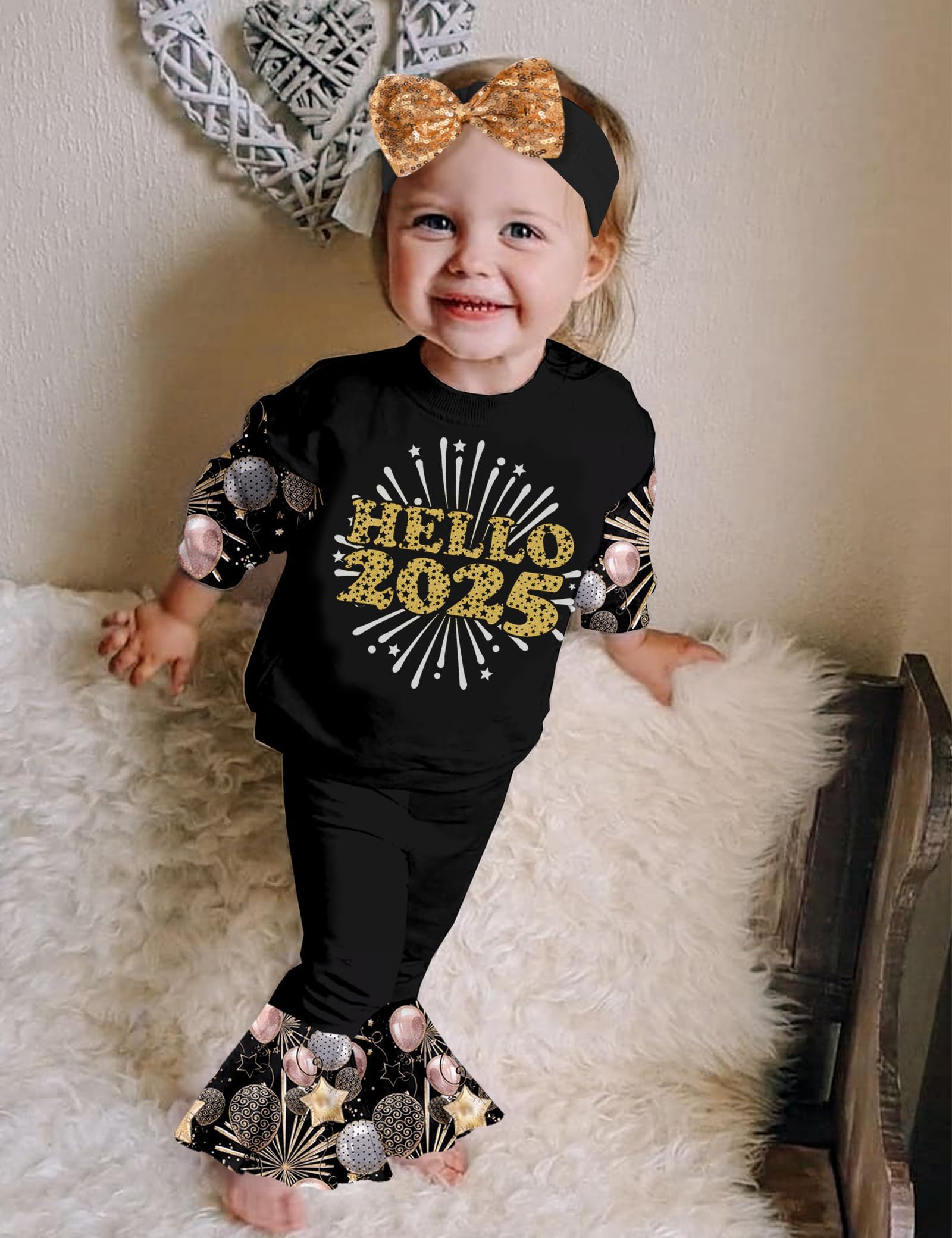 Queenstyle New Year Baby Girl Outfit 2025 Sweatshirts Tops 18-24 Months Girl Clothing + Flared Pants + Headband 3pcs Sets