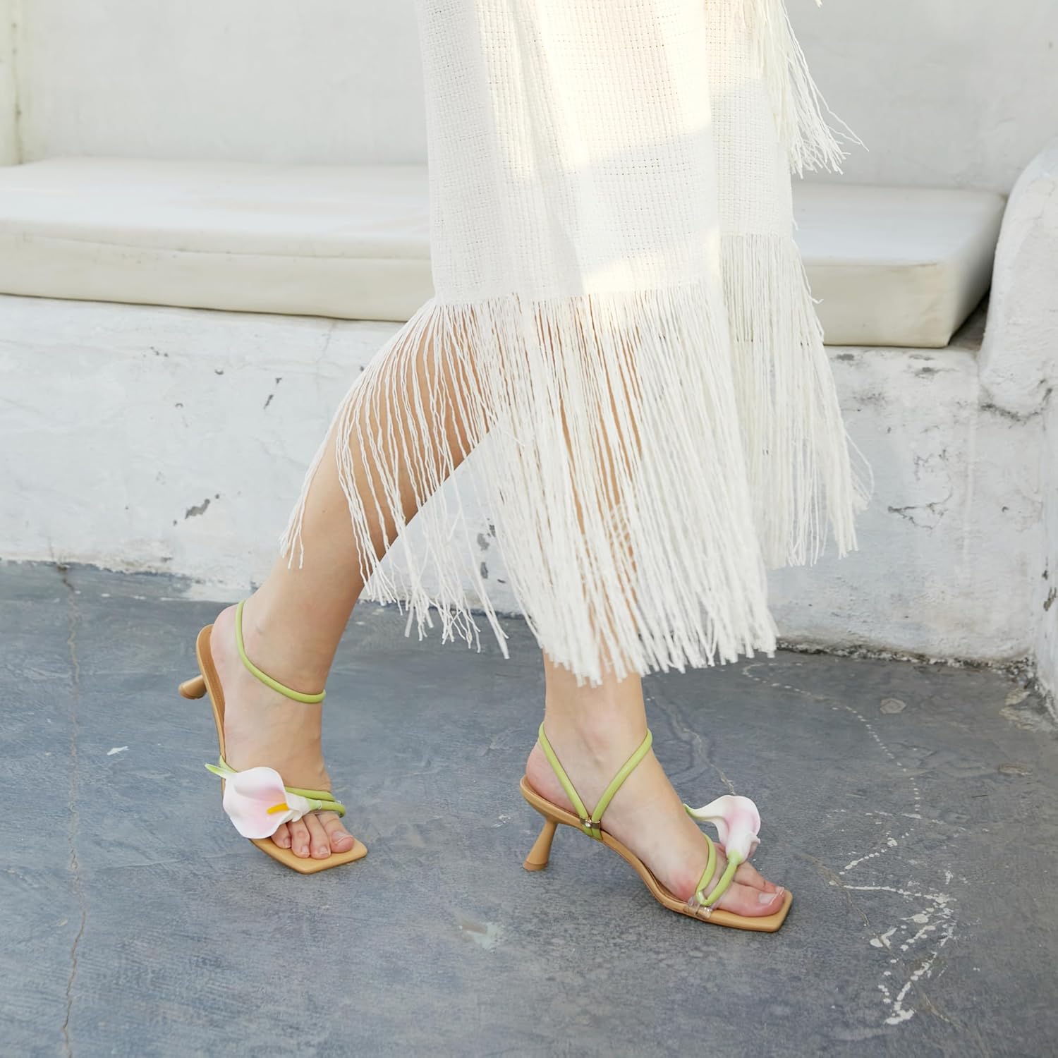 Flower Kitten Heel Sandals for Women Calla Lily Green Heels Square Open Toe Floral Strappy Low Heel Sandals Summer Dressy Wedding Shoes - Image 3