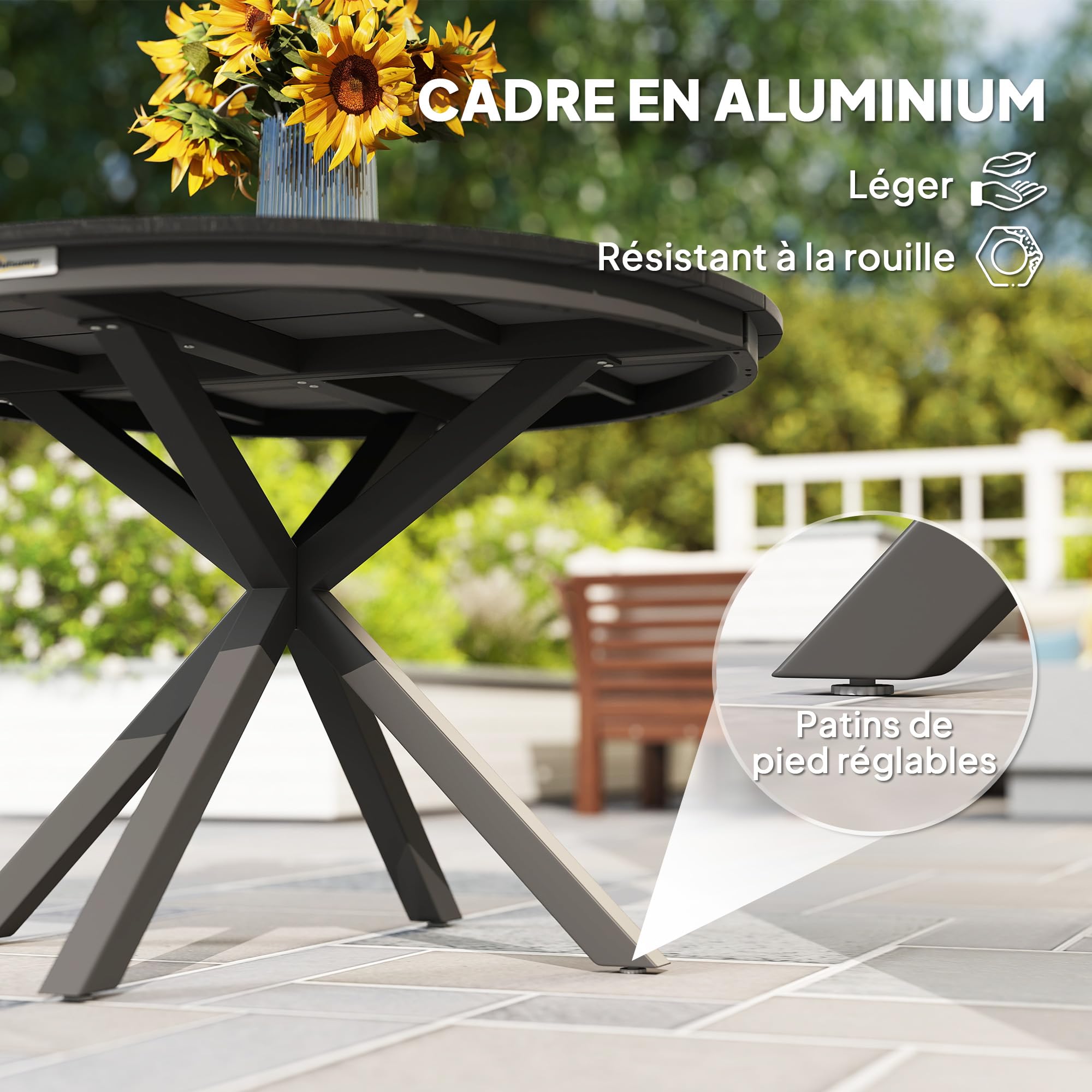 Outsunny Table à Manger de Jardin Ronde Ø 118 cm Aluminium Plateau Effet Bois Patins réglables Noir