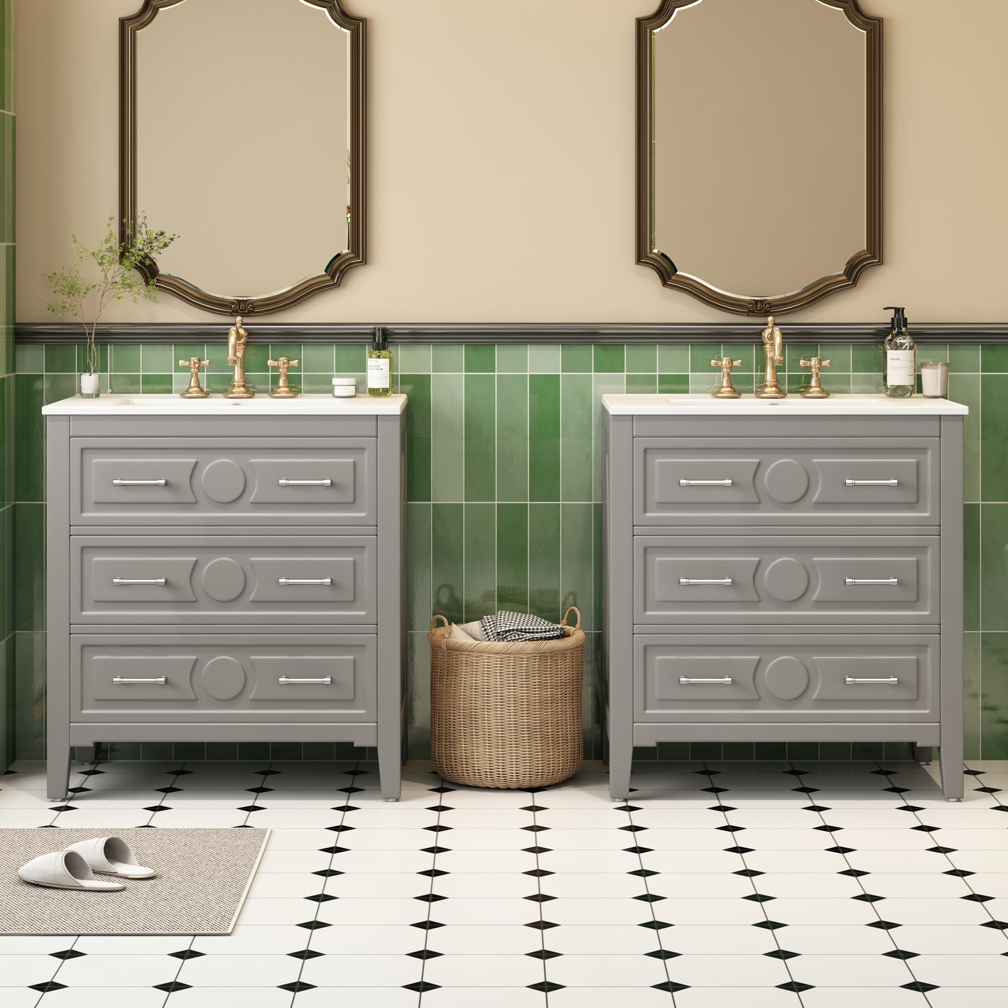 60" Solid Wood Carved Lavatory Vanity Set, Bathroom Cabinet with Sink of Ceramic Basin &amp; 3-Hole, Bathroom Cabinet with Concealed 3-Drawer Storage for Bathroom Organization, Gray