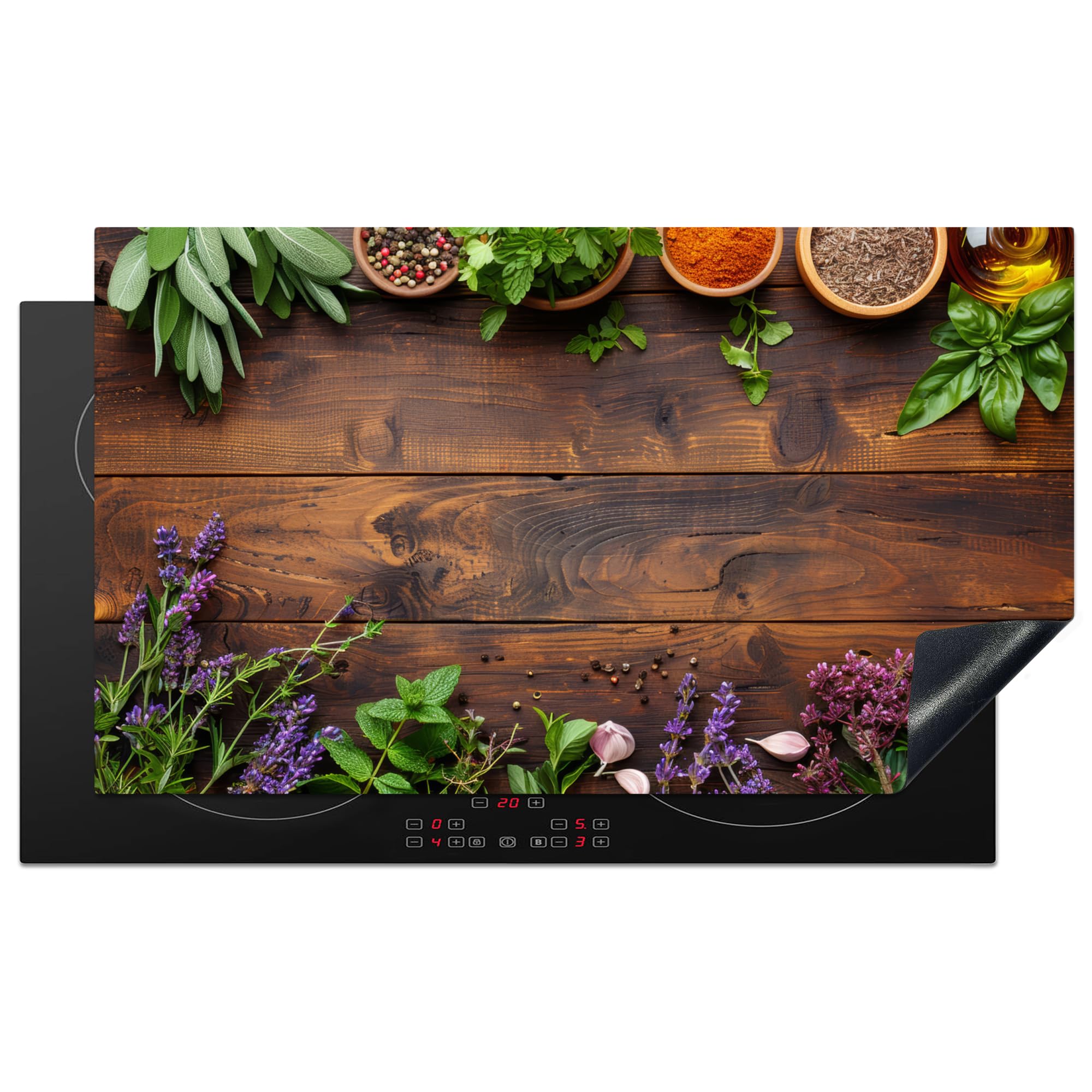 KitchenYeah© Induction Hob Protector Mat 20.8"x36" / 91.6x52.7 cm Stove Cap Top Cover Kitchen Cooker Covers for Electric Hobs Vinyl Lavender - Flowers - Herbs - Spices - Wood Print