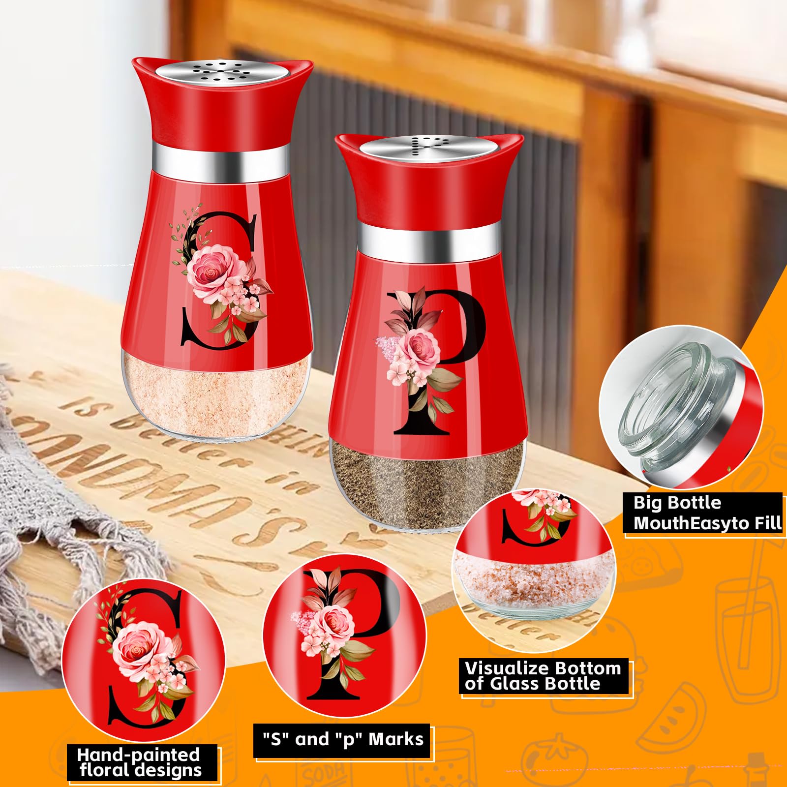 Juego de salero y pimentero, salero y pimentero con fondo de vidrio de 4 onzas con tapa de acero inoxidable para el hogar, cocina, restaurante, picnic, caravana, campamento, barbacoa (rojo)