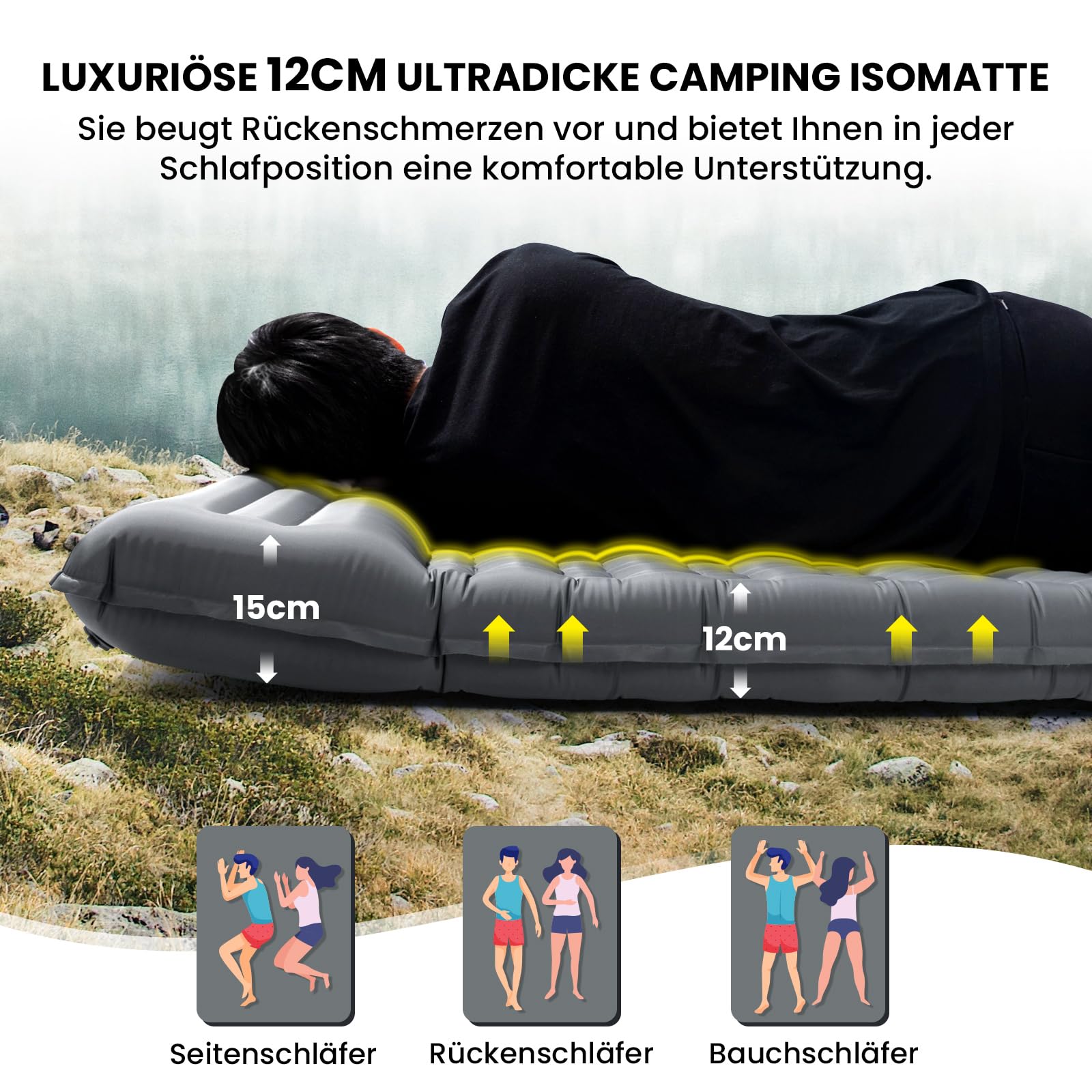 Matelas De Camping Auto-gonflant HIKENTURE Pour 2 Personnes - 120 Cm, Ultra-léger, 10 Cm D'épaisseur, Avec Pompe à Pied, Idéal Randonnée Plage