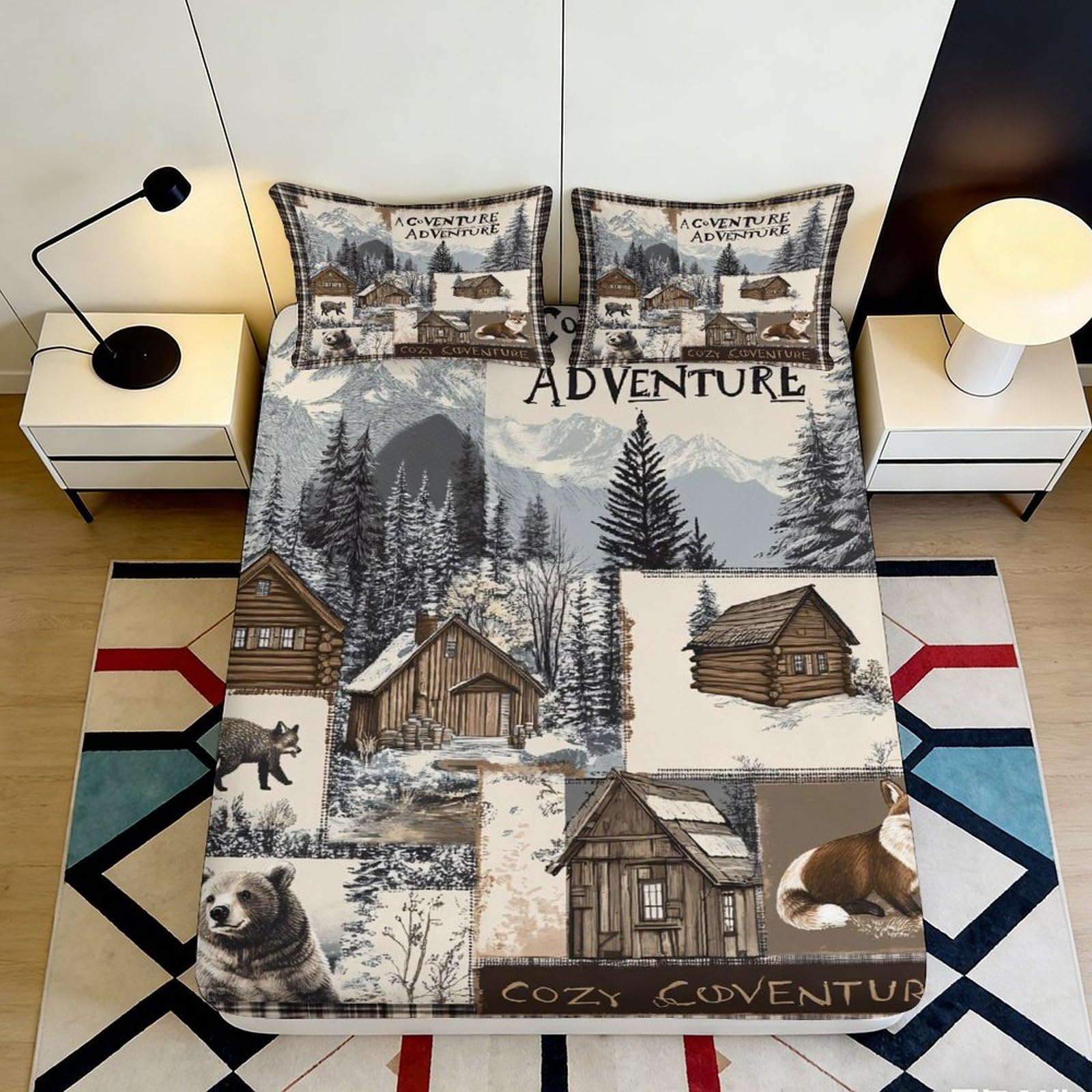 3D Printed Cabin Snow Mountain Fitted Sheet Microfiber Soft Bear Forest Bed Cover for Bedroom Guest Room Mattress Decor 90x200x25cm