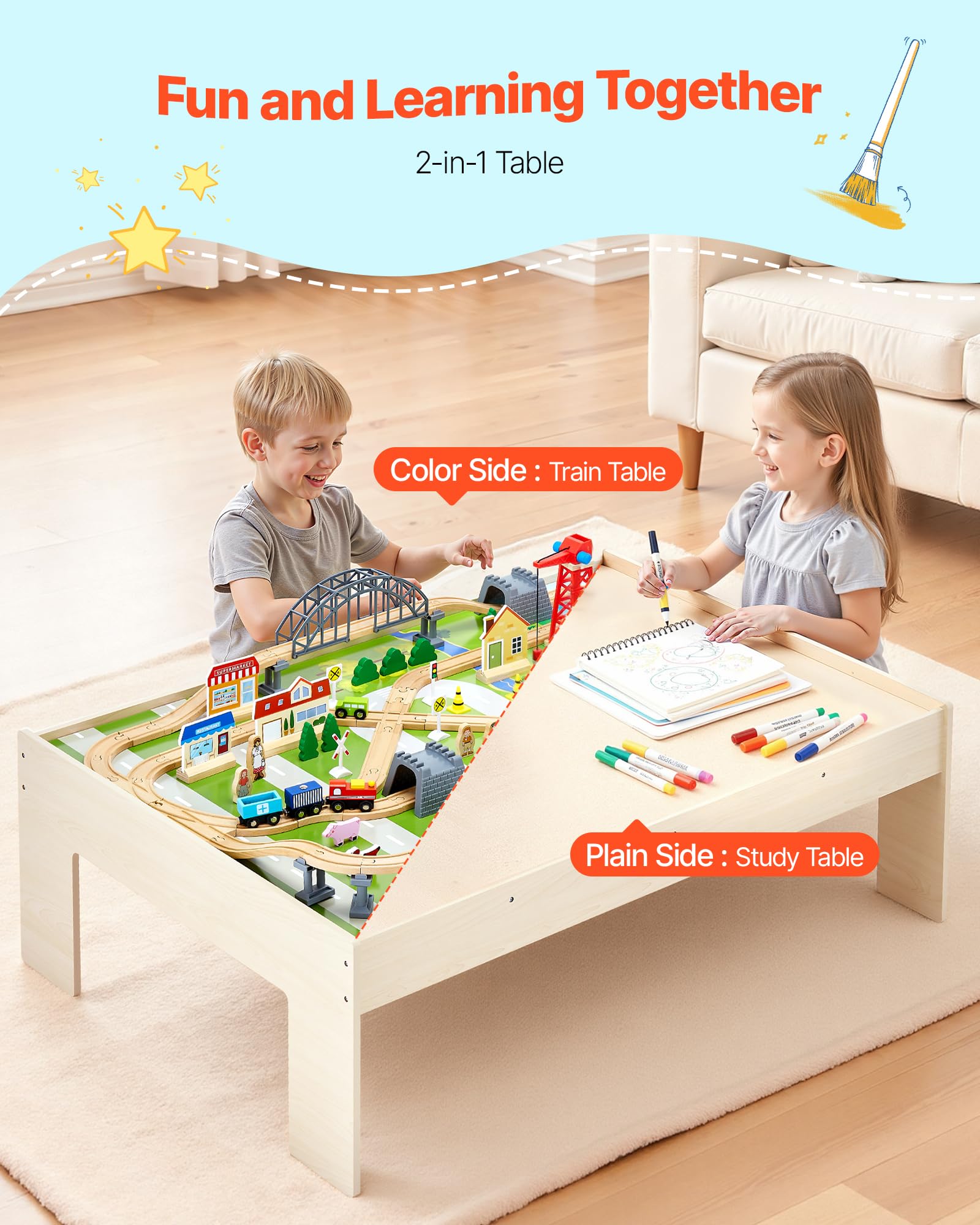VEVOR Holz Aktivitätstisch, 120-teilig, mit zusammenklappbarem Aufbewahrungsbehälter, 3-in-1-Eisenbahn-Set zum Spielen, Malen, Lesen, Essen, kreatives Spielzeug-Set für Kinder ab 3 Jahren