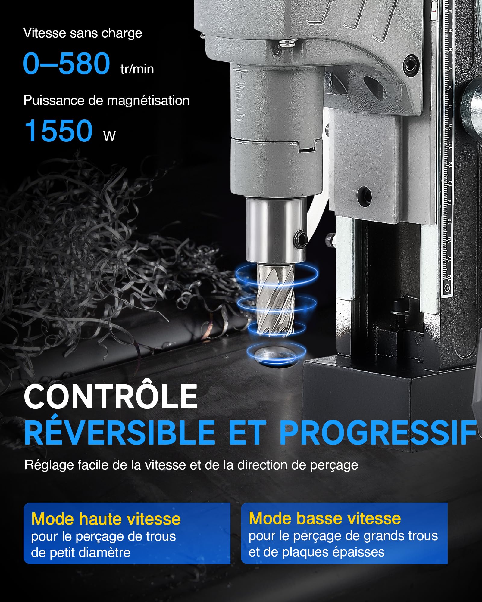 ZELCAN Perceuse Magnétique, Perceuse à Colonne Électrique Portable Max. Diamètre d'Alésage 50mm Max. Profondeur d'Alésage 50mm, 13000N avec 11 Forets
