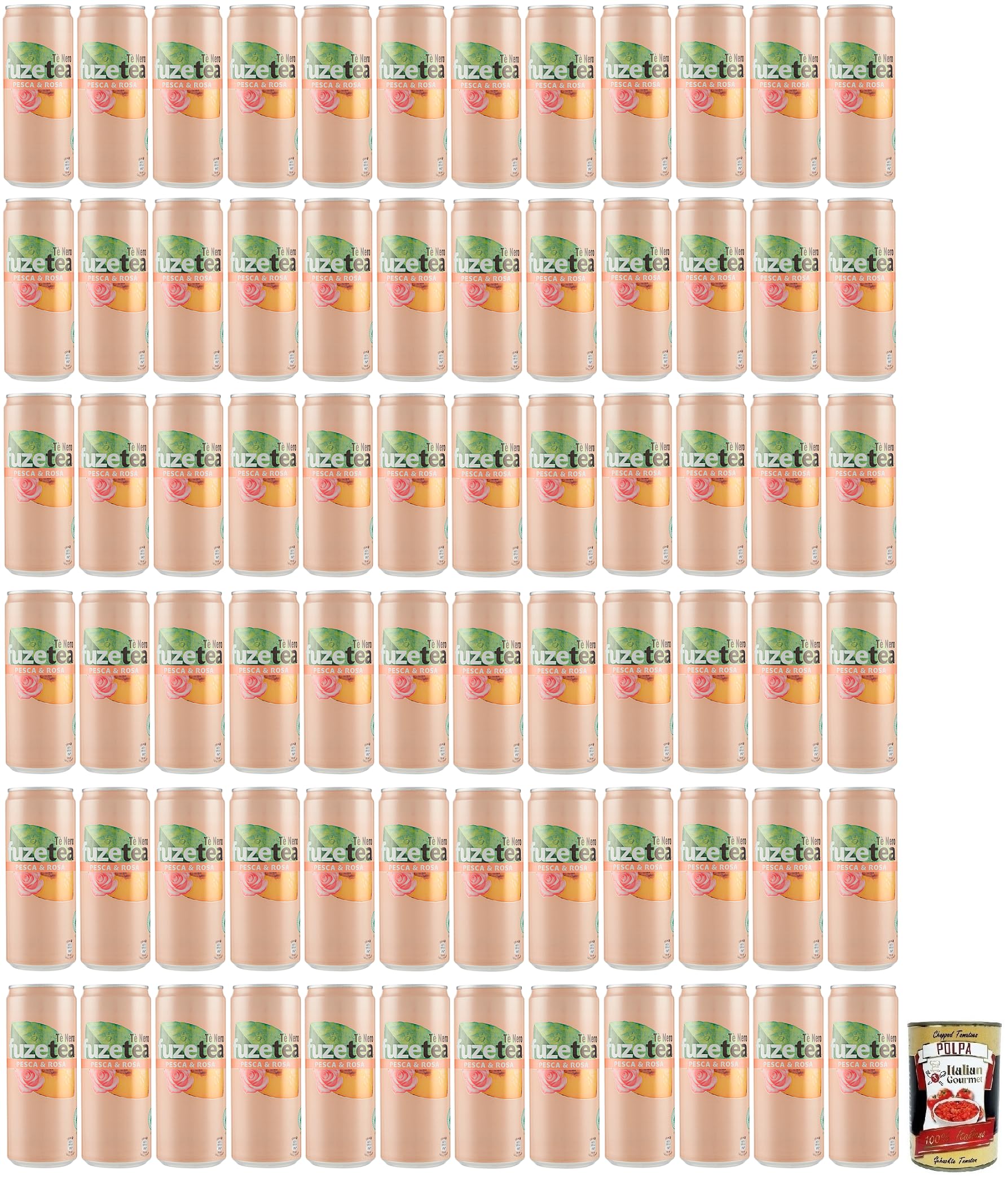 Fuze Tea Pesca, 72 unidades, té negro, melocotón y rosas, refrescante, sin alcohol, lata desechable de 330 ml + lata italiana gourmet Polpa di Pomodoro de 400 g