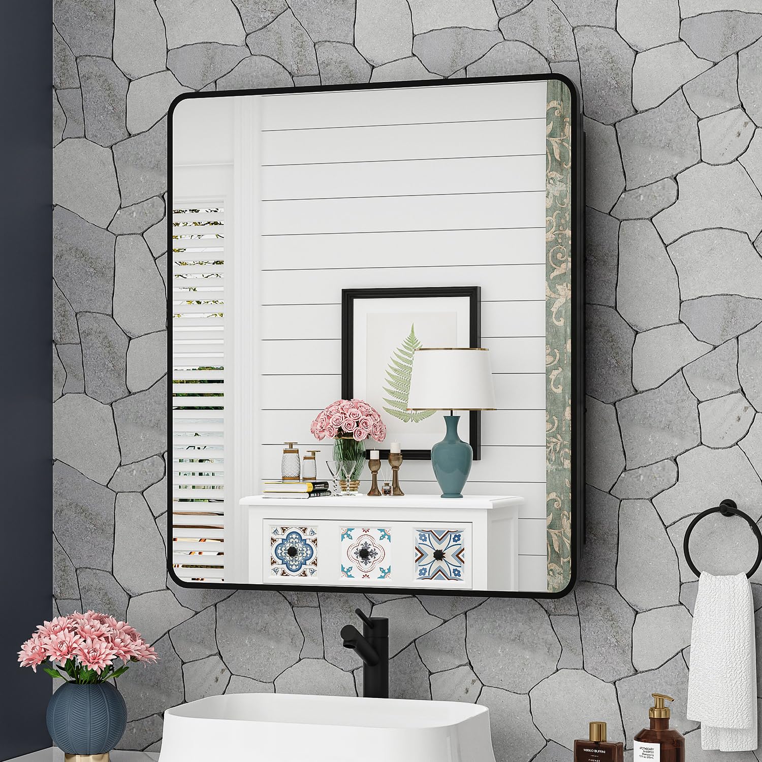 ACEMIRO 30x32 Inch Bathroom Medicine Cabinet with Mirror Black Metal Framed Mirror Cabinet Recessed or Surface Wall Mounted Medicine Cabinets for Bathroom
