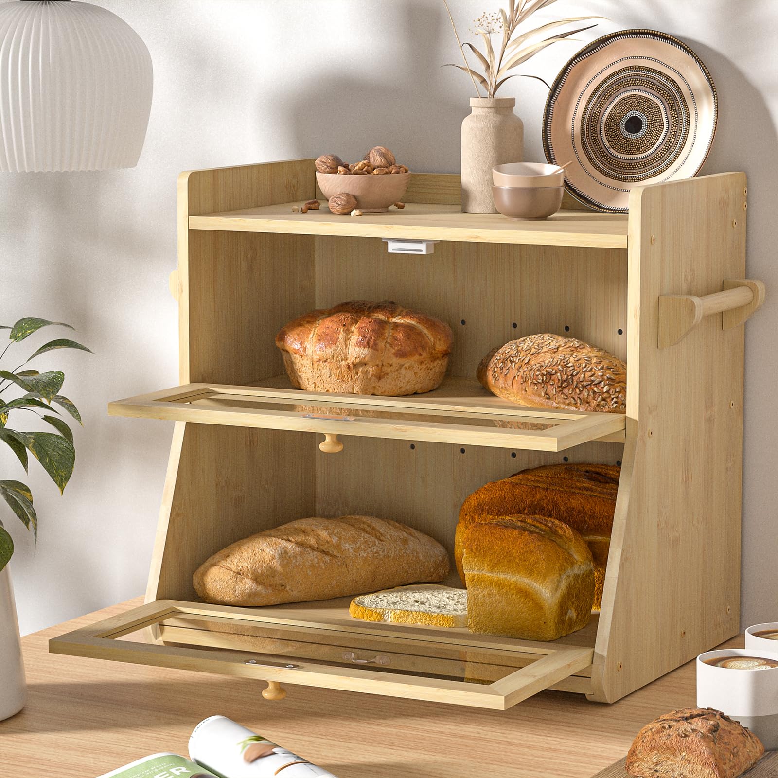 Boîte à pain en bambou, Bois Grande Capacité Boîte Avec planche à découper Boîte de rangement, Pour pain, pain grillé, Huche a Pain pour Cuisine Countertop Double Couche Empilable