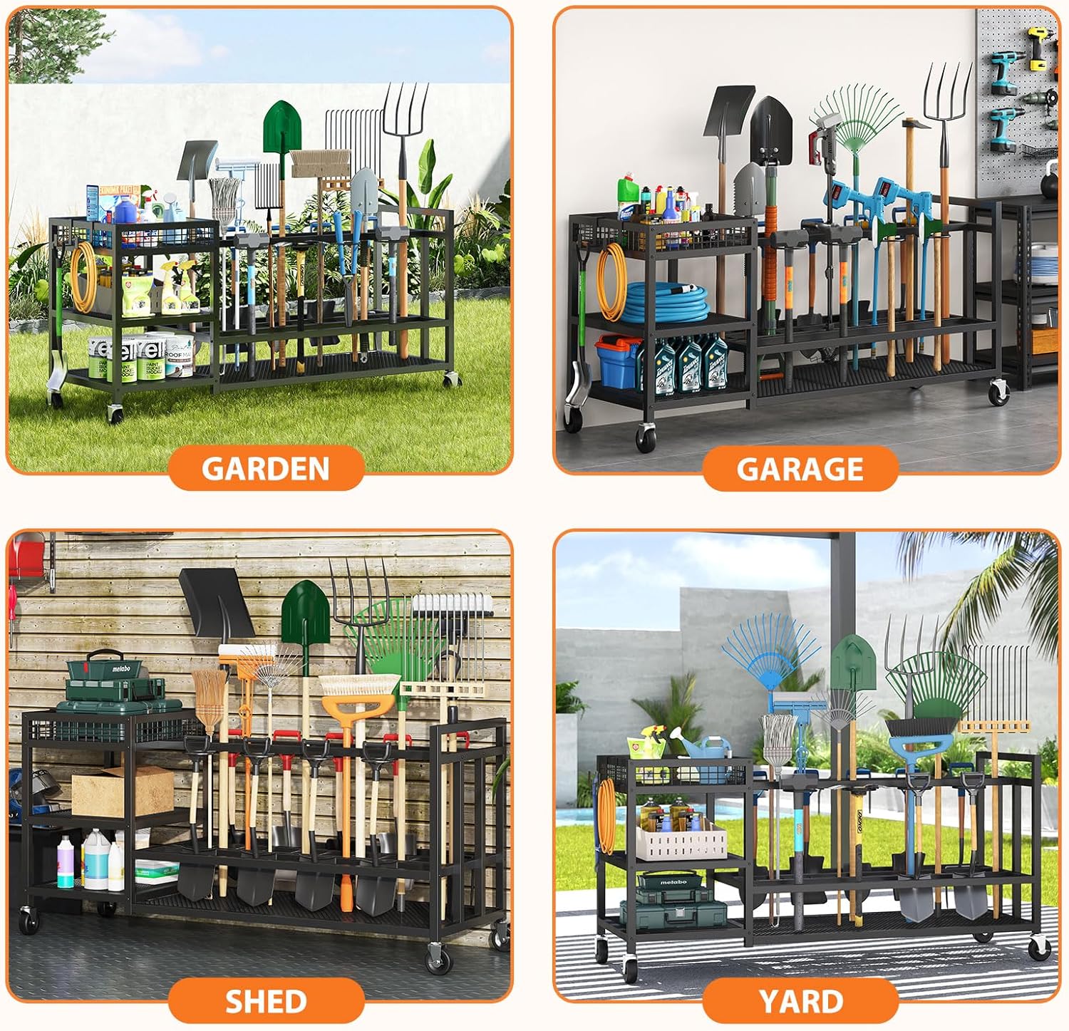 HavenlyYouth Garden Tool Organizer with Wheels-Movable Garden Tool Rack with Storage Hooks for Long-Handled Tools/Rakes/Brooms/Shovels,Heavy Duty Metal Garden Tool Storage for Garage,Shed,Garden,Black
