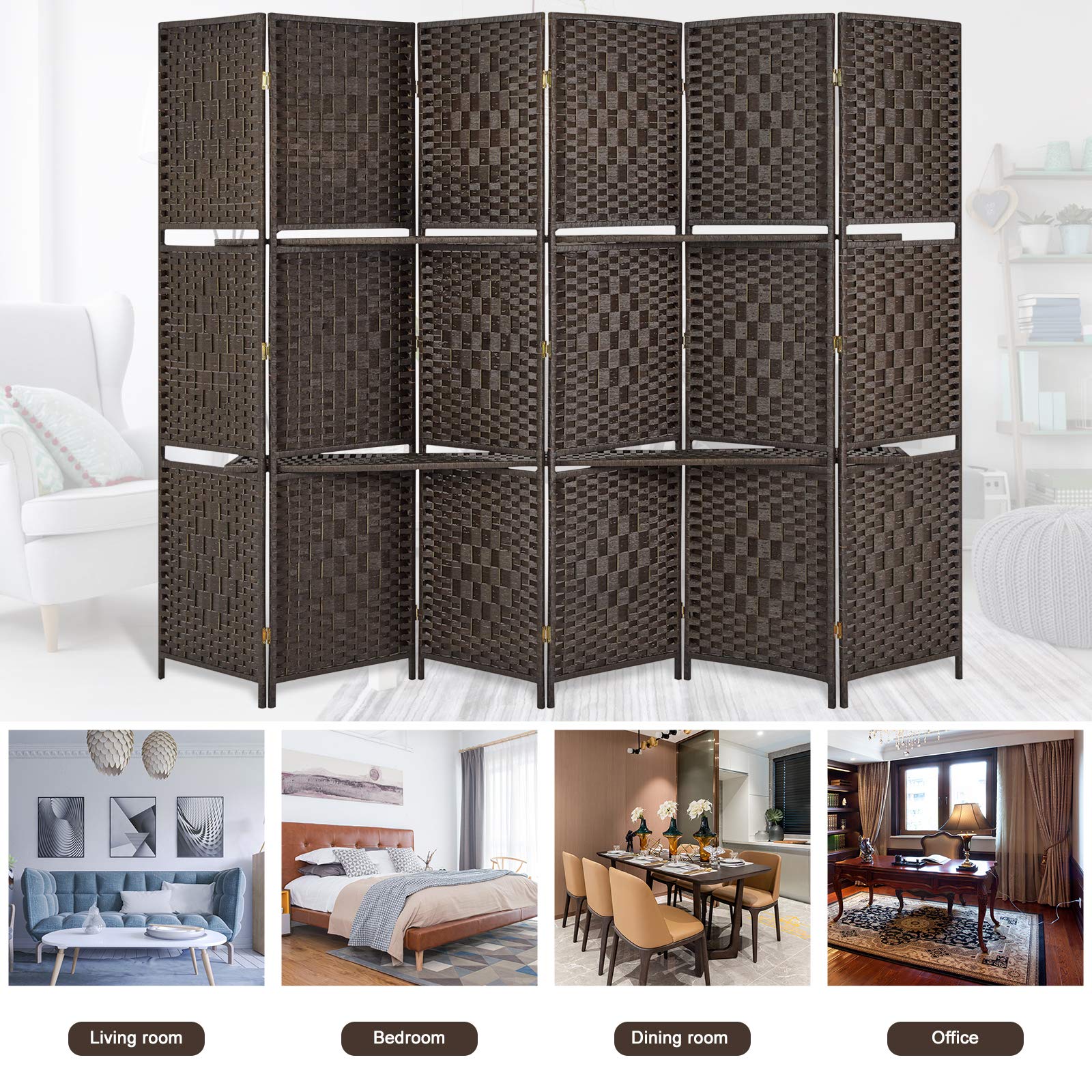 Esright 6 Panel Room Divider, 6 FT Tall&Extra Wide Weave Fiber Room