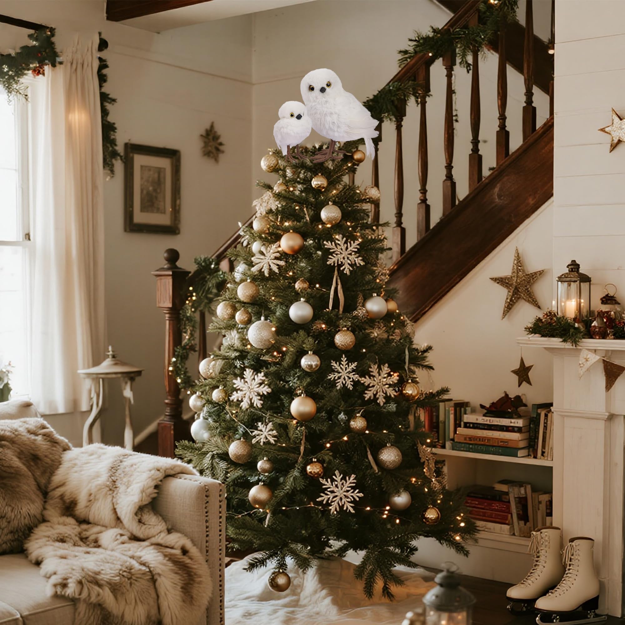 winemana Set di 2 decorazioni invernali a forma di gufo bianco, ornamenti natalizi pelosi, decorazioni da tavolo per feste in casa