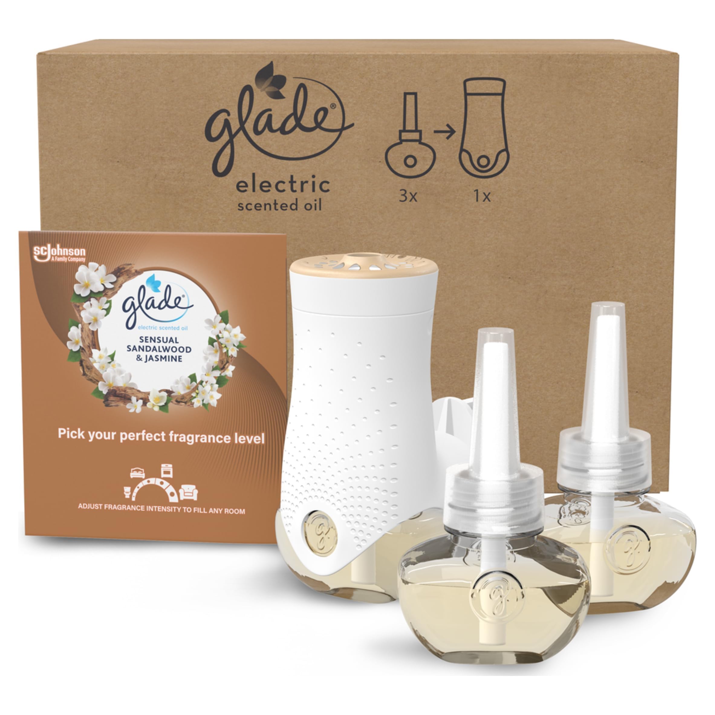 gladePlug in Air Freshener Holder and Refill, Electric Scented Oil Room Air Freshener, Sandalwood & Jasmine, 1 Holder and 3 Refills (3 x 20ml)