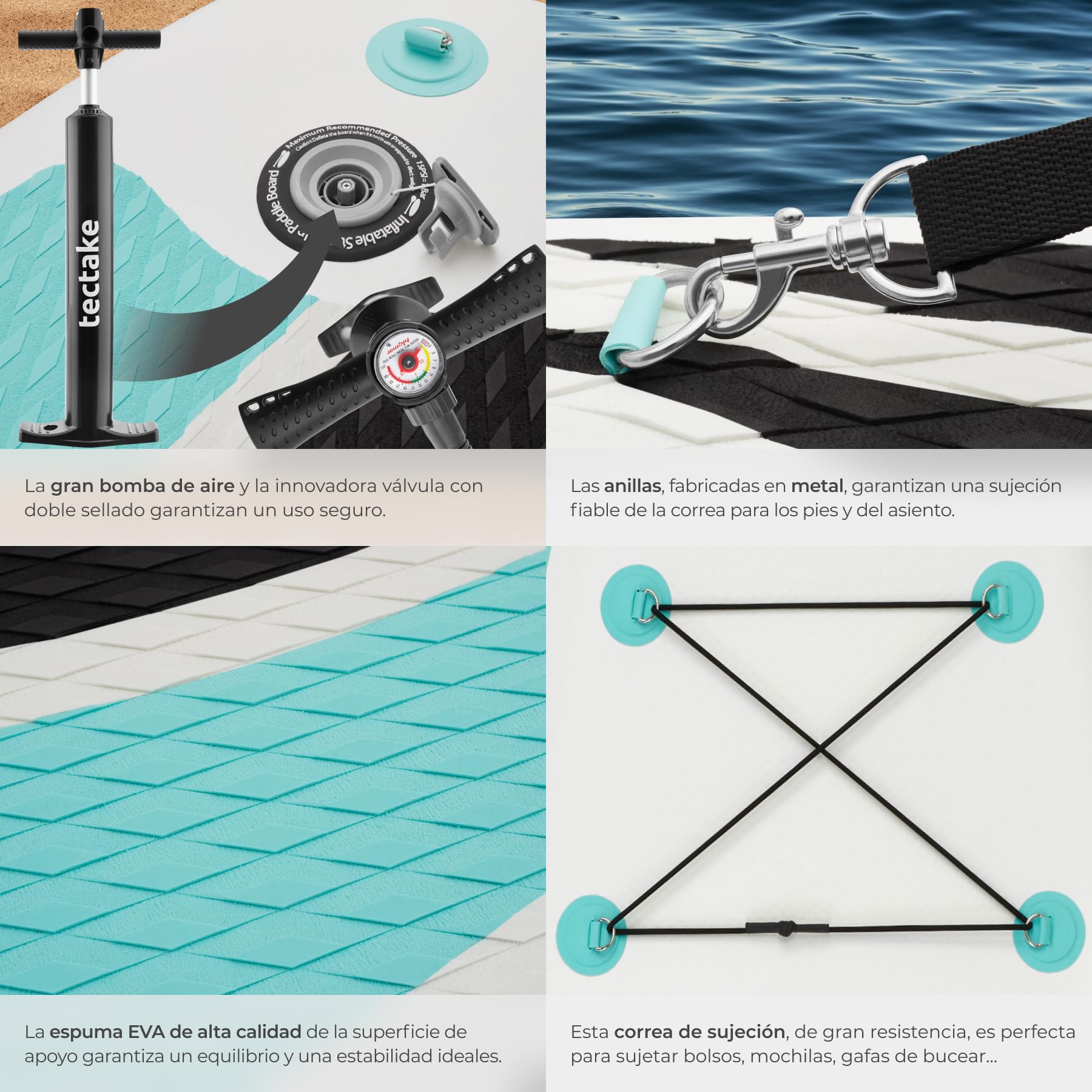 tectake® Tabla Paddle Surf Hinchable, Soporte Cámara, Kayak, 200 kg | Soporte para Cámara, Asiento de Kayak Convertible, Capacidad 200 kg, Superficie Antideslizante, SUP, Blanco y Turquesa