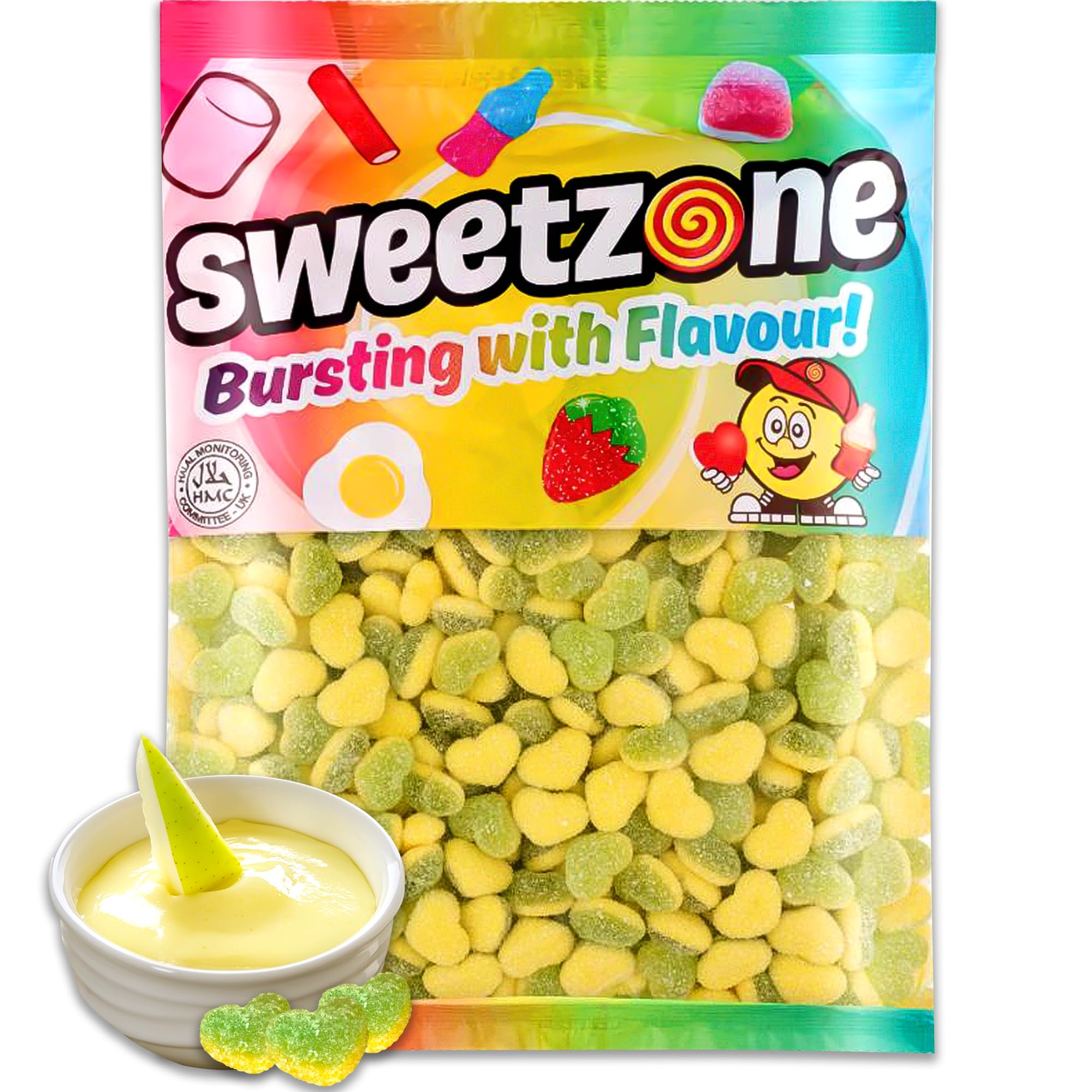 Sweetzone Apple & Custard Hearts - 1kg Bag of Sweets - Irresistible Chewy Sweets and Gummy Sweets - Experience the Mouthwatering Feel of Fruity Jelly Sweets - Halal Sweets for All Age