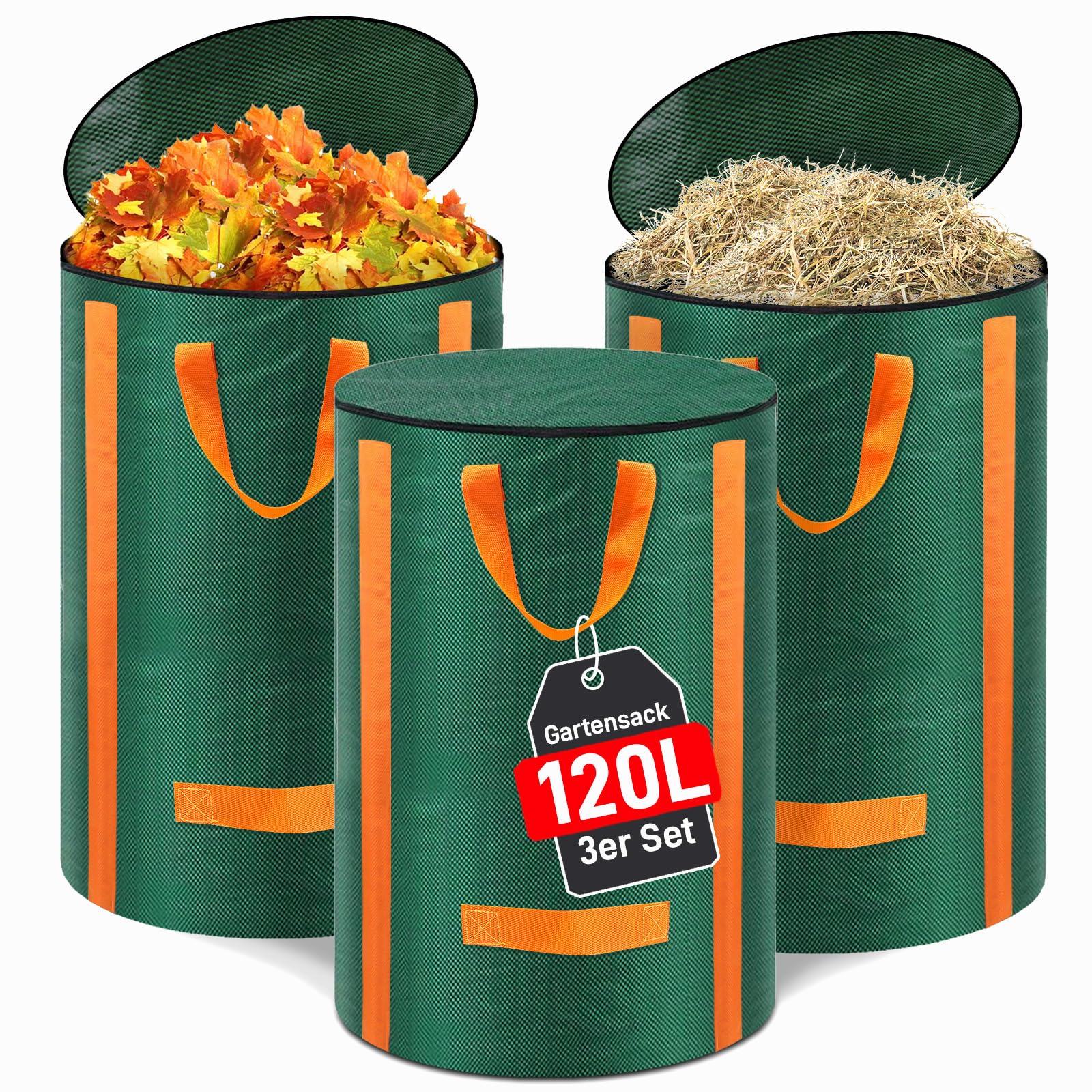 3x Gartenabfallsack stabil 120L - Selbststehend Gartensack Laubsack mit Deckel, Wiederverwendbar Grünschnittsack Laubsammler Korrosionsbeständig für Gartenabfälle und Grünschnitt