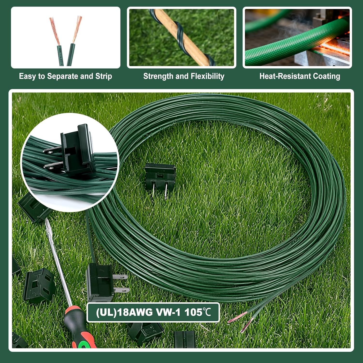 SPT-2 50FT 18AWG 2-Conductor Electrical Wire with 10 Vampire Plugs (5 Male & 5 Female), UL Certified Flexible Direct-Burial Low Voltage Landscape Wire for Christmas Lights, Lamps, and LED Strips