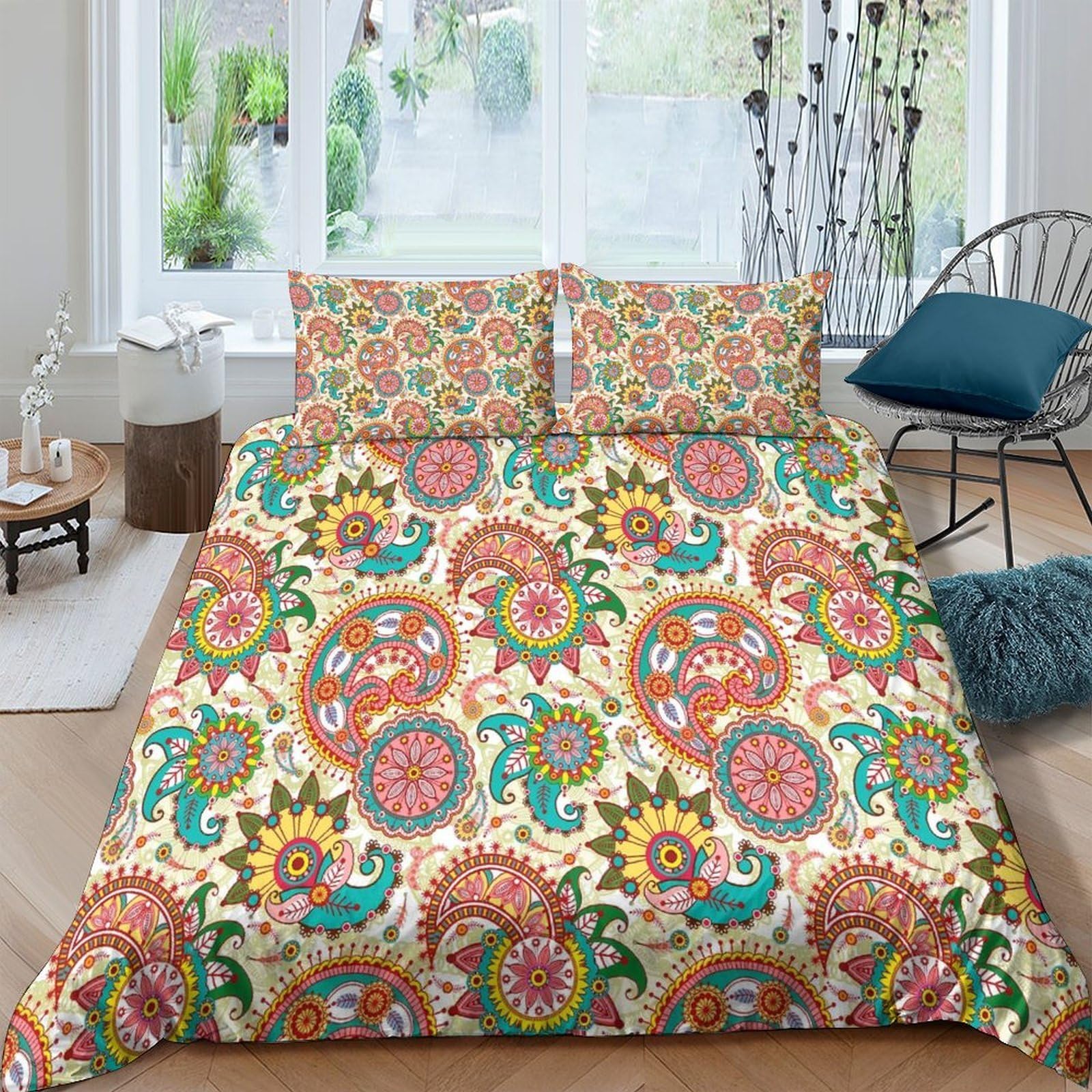 Ctjqhvkz Style-2 3D Printed Boho Mandala Fitted Sheet Microfiber Orange Turquoise Floral Mattress Cover For Bedroom Guest Room Decor Single（135X200cm）
