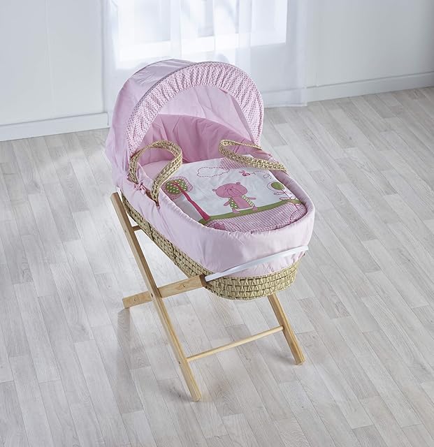 Kinder Valley Beary Nice Pink Palm Moses Basket with Natural Folding Stand, Adjustable Hood, Fibre Mattress & Padded Liner