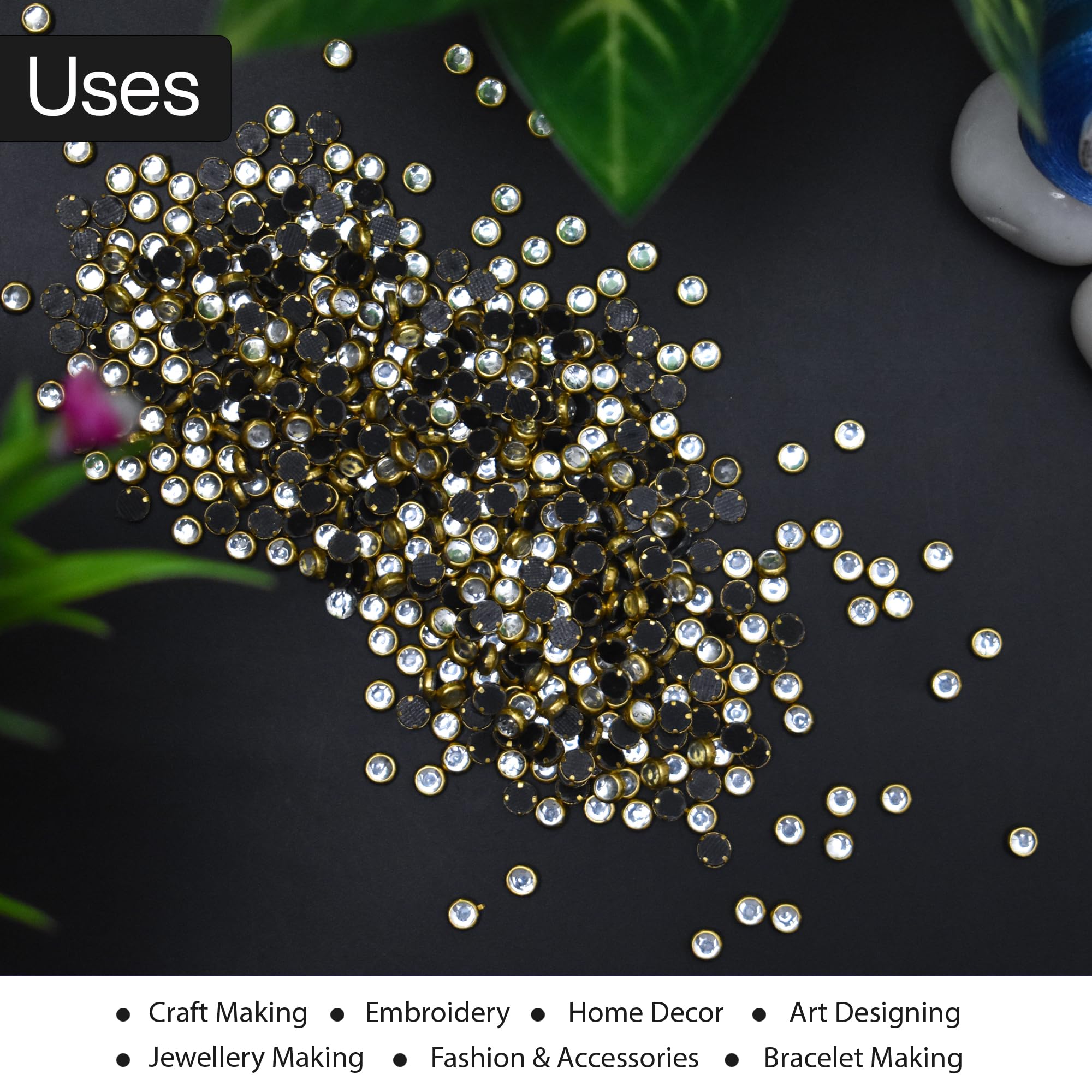 EmbroideryMaterial Raw Material Flat Glue On Kundan Stones Beads for Craft, Jewellery Making, Bangles Work, Maggam Work Material, Stones for Embroidery Work, Aari Work (Round Shape, 4MM, 500 Pieces) 4
