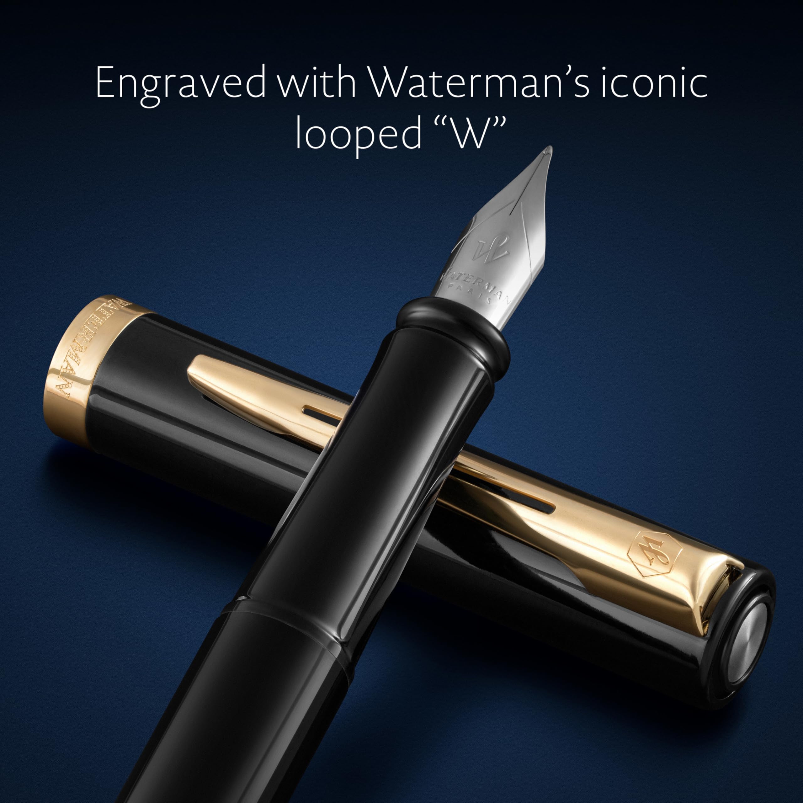 Waterman Impression Fountain Pen | Black with Gold Trim | Medium Nib | Blue Ink | Gift Box - Image 4