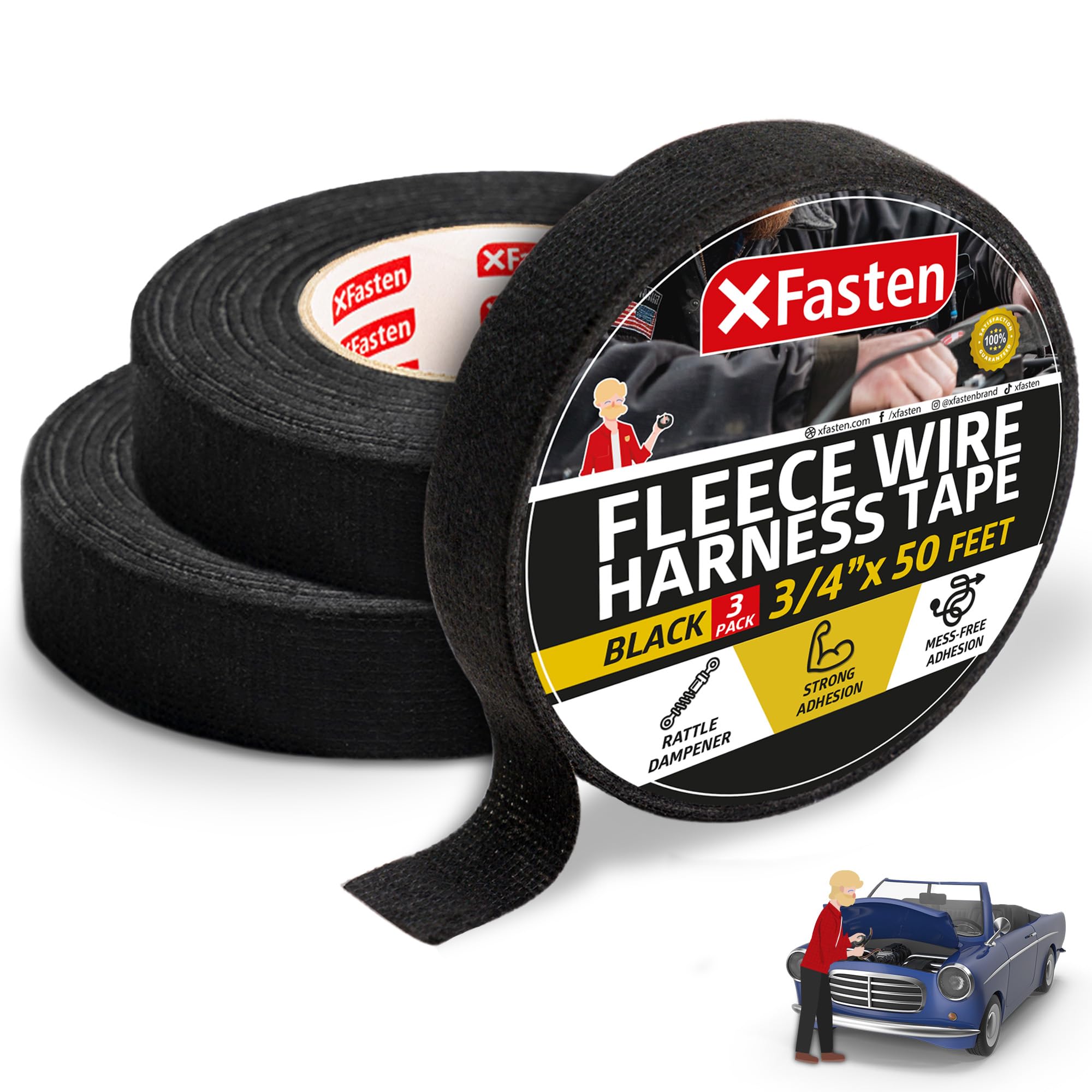 XFasten フリースワイヤーハーネステープ 3/4インチ x 50フィート (3個パック)